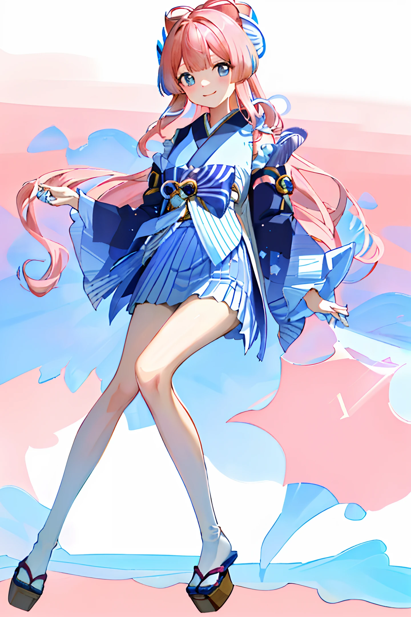 8k,((masterpiece,ultra-detailed, intricate details, mid quality,illustration)),1girl, solo, highres, looking at viewer, Pink hair, long hair,Hair gradually transitions to blue at the tips, smiling, Wearing a kimono,wearing Short skirt,street, cherry tree, petals falling,dancing,sunlight shining through, solar system,feminine, empowered, beautiful, detailed,wide shot,Pink and blue gradient eyes，((Sangonomiya Kokomi))