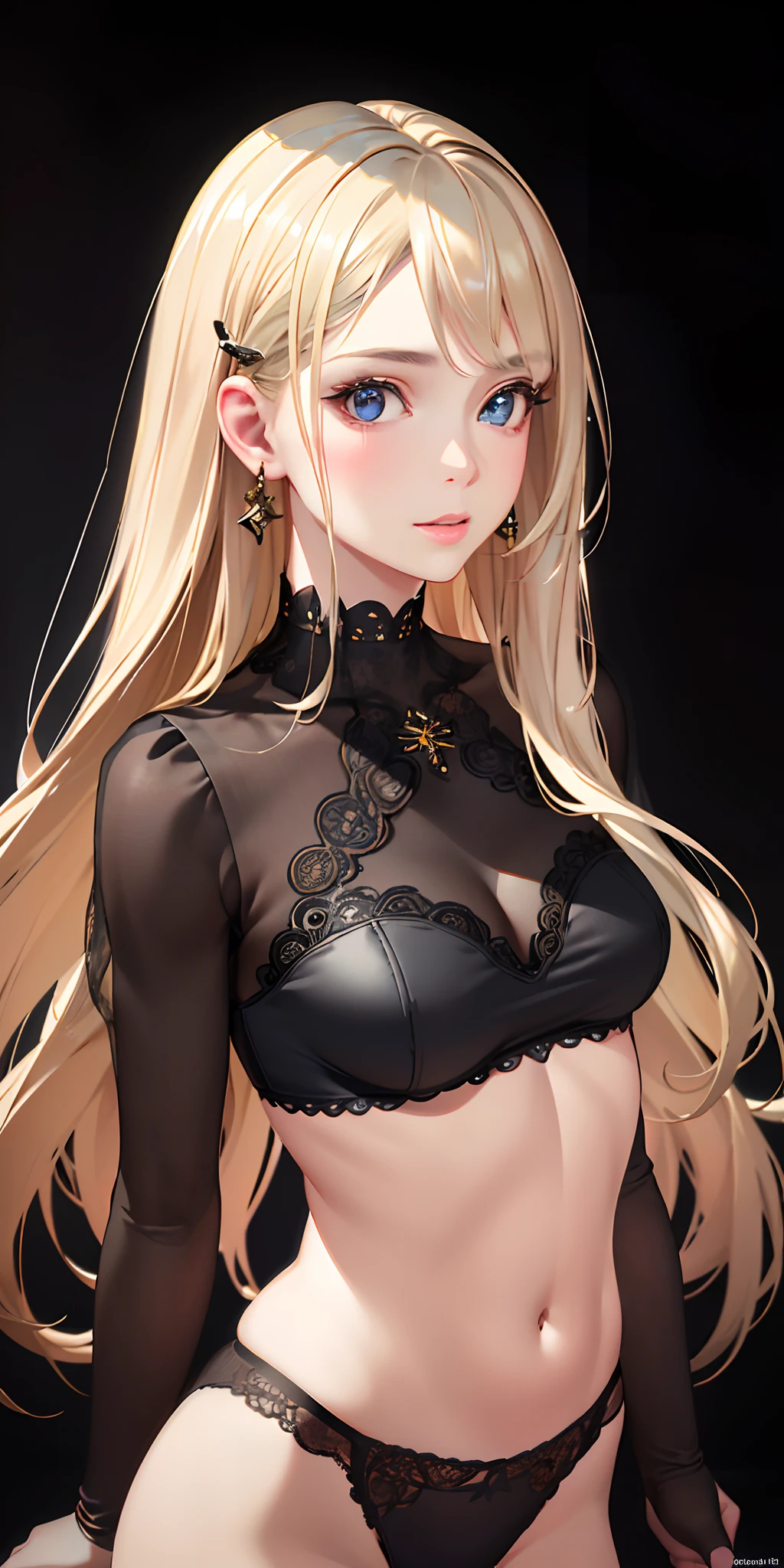 (photorealistic:1.4), (masterpiece, sidelighting, finely detailed beautiful eyes: 1.2), masterpiece*portrait, realistic, 3d face, glowing eyes, shiny hair, lustrous skin, solo, embarassed, (midriff), black underwear, blonde hair,sexy