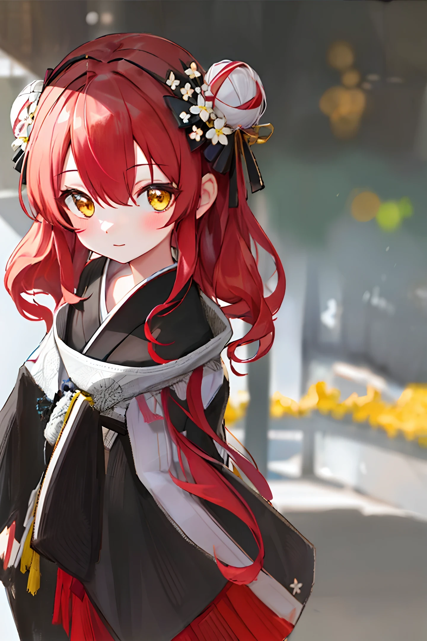 ((masterpiece,best quality)),2girls, black kimono, black legwear, black ribbon, black hair, cherry blossoms, day, flower, hair bun, hair ribbon, japanese clothes, kimono, long hair, looking at viewer, looking back, multiple girls, obi, outdoors, red eyes, red hair, ribbon, sandals, single hair bun, stairs, standing, statue, torii, tree, white kimono, yellow eyes