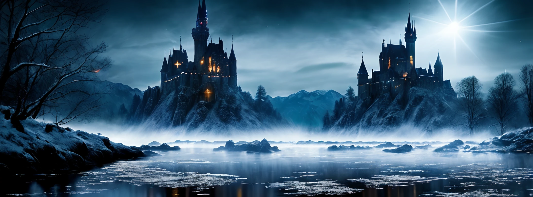 a medieval magic festival on a moonlit night, In the center of the image is 1 stunning Gothic castle that serves as the backdrop for the magic performances and activities taking place. Enchanted light effects add to the ethereal atmosphere of the scene,The color scheme is rich jewel tones with gold accents, adding to the magical vibe,elegant,fantasy, global illumination, backlighting,bloom, ((cold light)), sharp focus, photo realistic, background out of focus, cinematic composition , ultra-detailed, realistic , hyper-realistic , volumetric lighting, 8k, trending on artstation