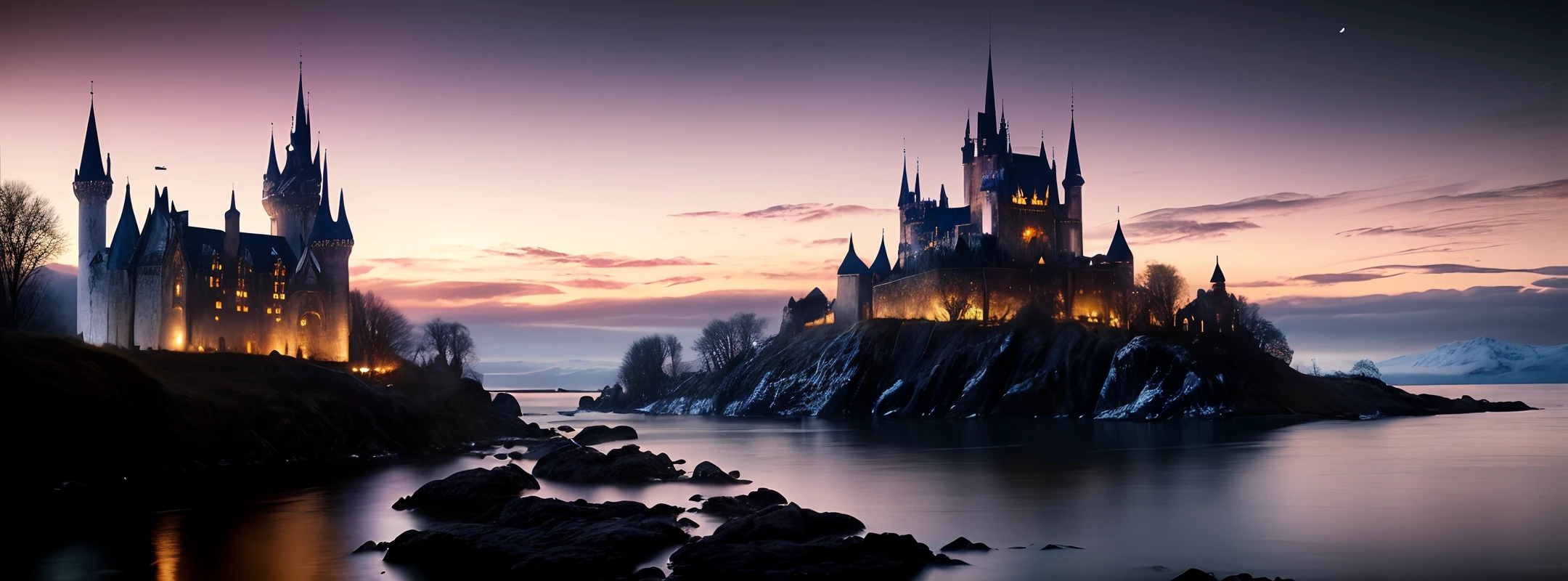 a medieval magic festival on a moonlit night, In the center of the image is 1 stunning Gothic castle that serves as the backdrop for the magic performances and activities taking place. Enchanted light effects add to the ethereal atmosphere of the scene,The color scheme is rich jewel tones with gold accents, adding to the magical vibe,elegant,fantasy, global illumination, backlighting,bloom, ((cold light)), sharp focus, photo realistic, background out of focus, cinematic composition , ultra-detailed, realistic , hyper-realistic , volumetric lighting, 8k, trending on artstation