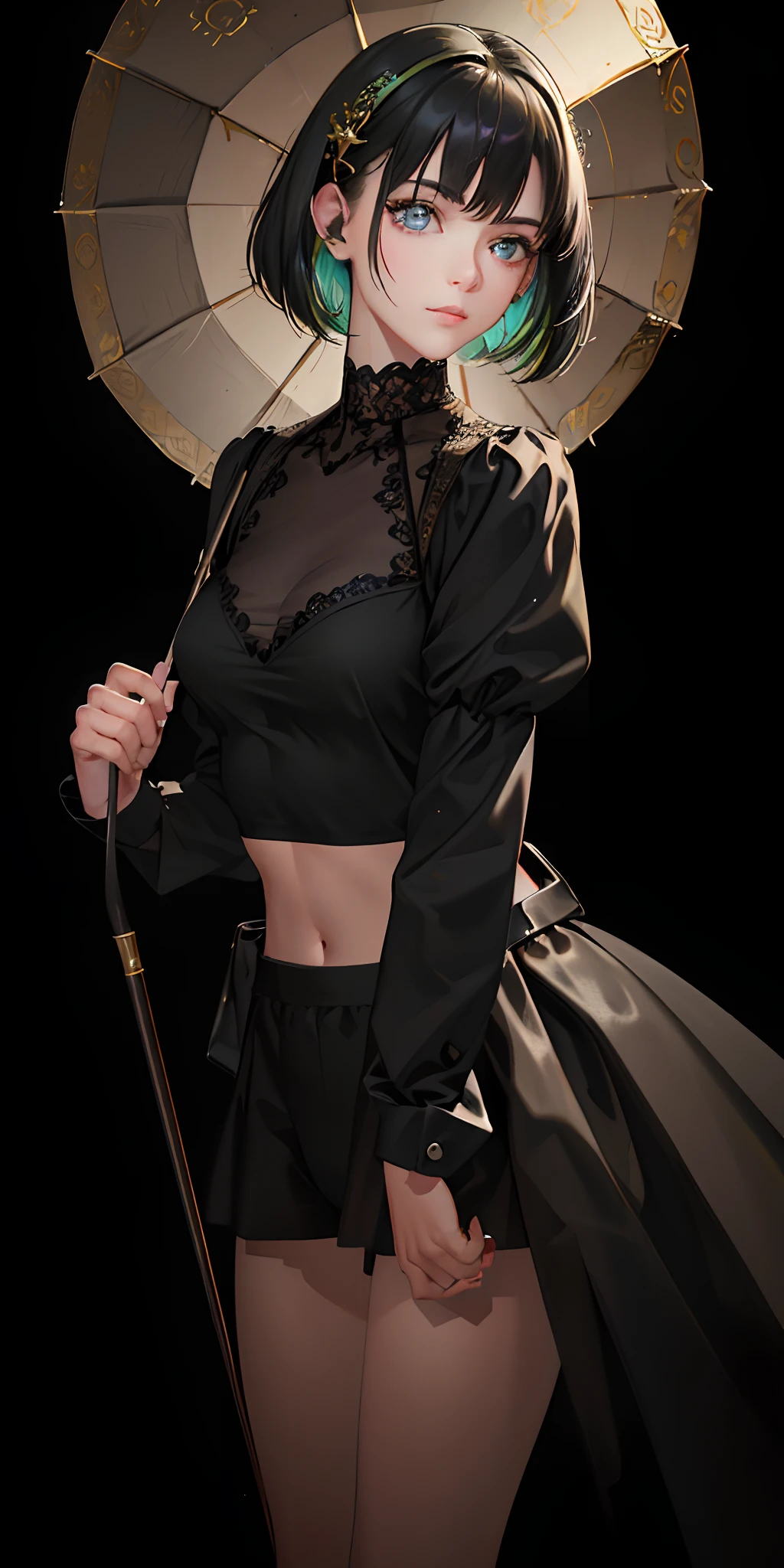 (photorealistic:1.4), (masterpiece, sidelighting, finely detailed beautiful eyes: 1.2), masterpiece*portrait, realistic, 3d face, glowing eyes, shiny hair, lustrous skin, solo, embarassed, (midriff), black underwear, Green highlights on black hair color,short hair,seaside,umbrella