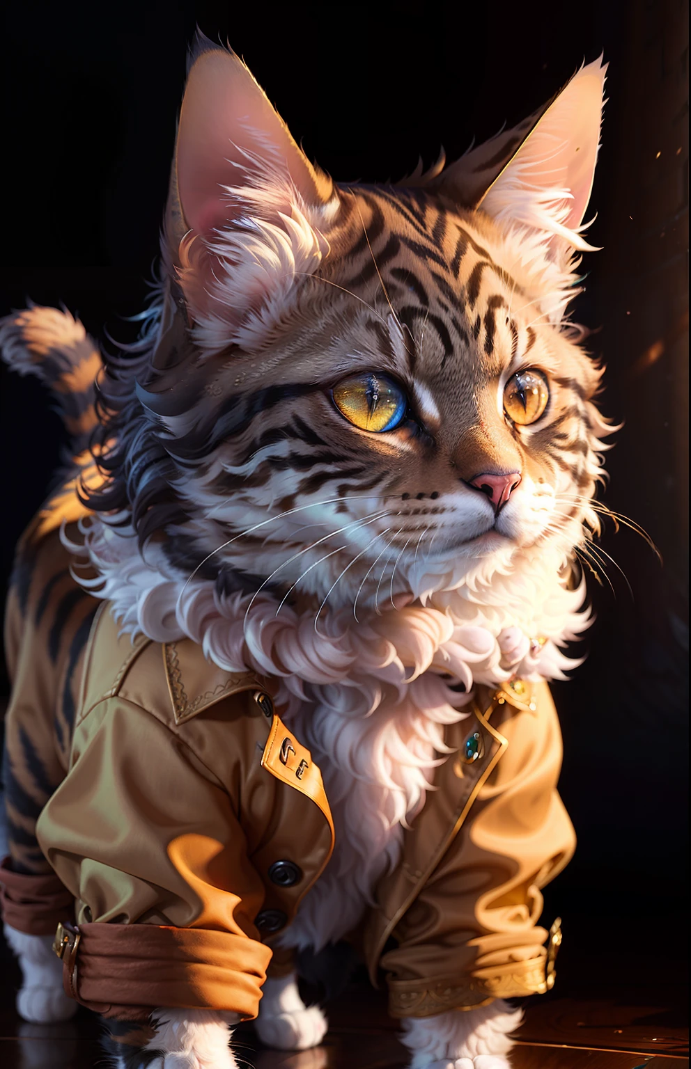 ((a cat in clothes)),，full shot，fluffy hair, anthropomorphic expressions, rich colors, exquisite details, masterpiece, realistic，artsation, cg, realistic, Unreal Engine , real light and shadow, beautiful rich colors, amazing details, high quality，a pair of ears