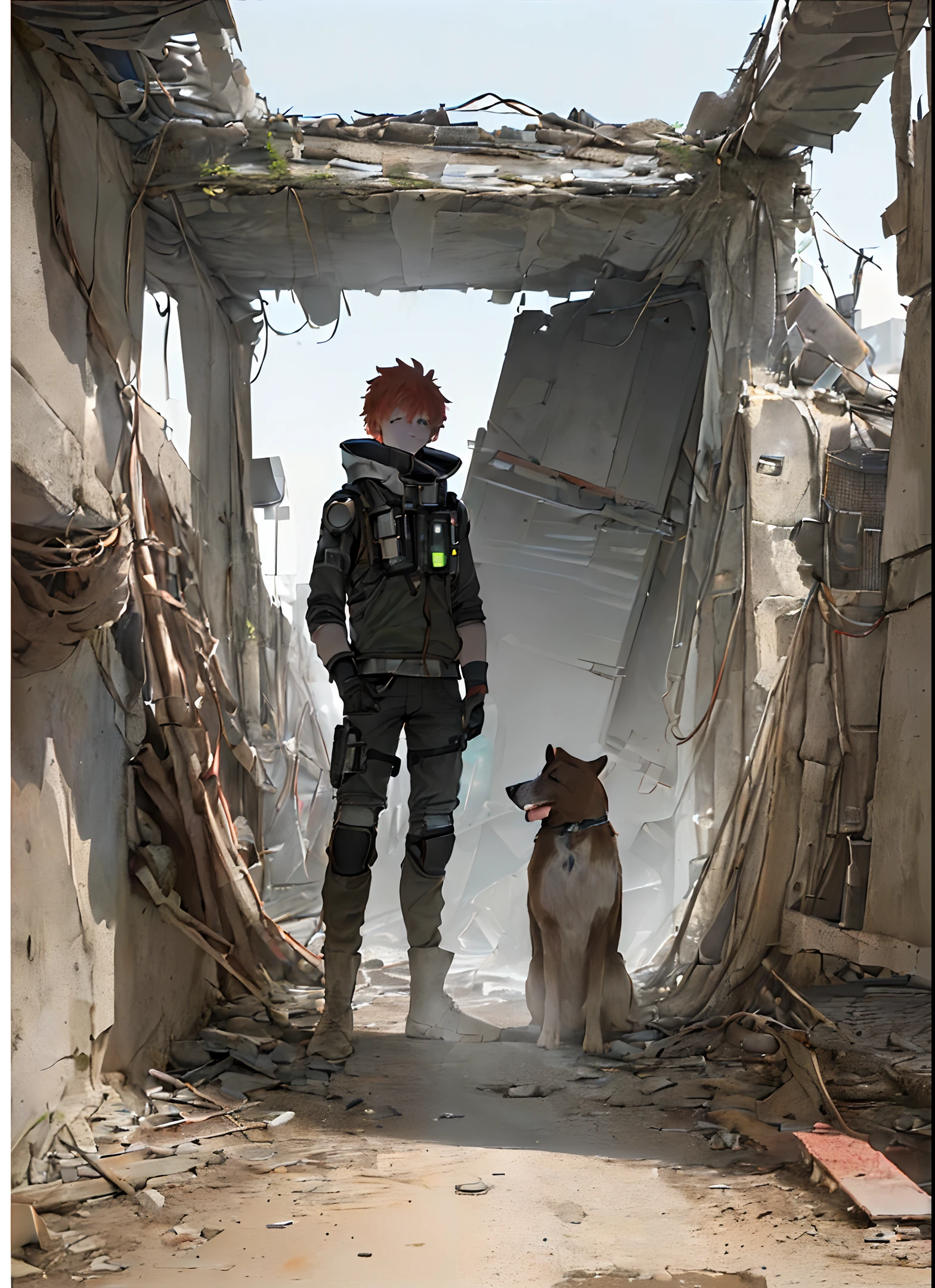 (((8k, RAW photo, best quality, masterpiece:1.4))), ultra high res, ultra-detailed, illustration, close-up, astonaut, environment only, Post-apocalyptic wasteland, third person, a lonely male with a dog standing on a road amidst the ruins.