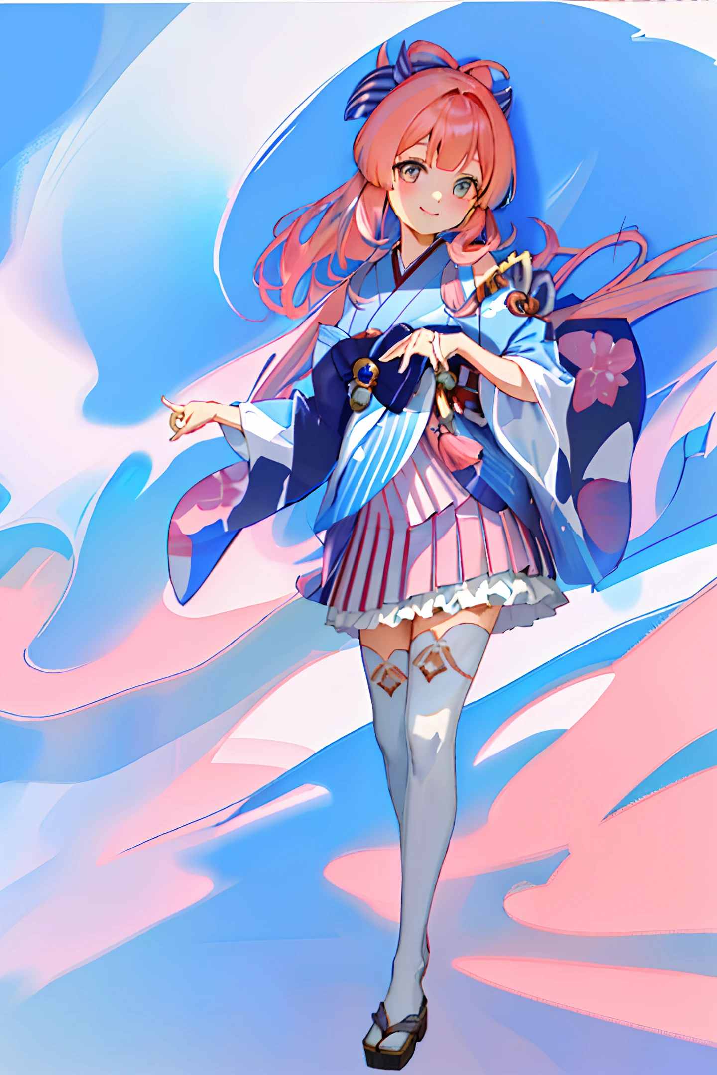 8k,((masterpiece,ultra-detailed, intricate details, mid quality,illustration)),1girl, solo, highres, looking at viewer, Pink hair, long hair,Hair gradually transitions to blue at the tips, smiling, Wearing a kimono,wearing Short skirt,street, cherry tree, petals falling,dancing,sunlight shining through, solar system,feminine, empowered, beautiful, detailed,wide shot,Pink and blue gradient eyes,((Sangonomiya Kokomi))