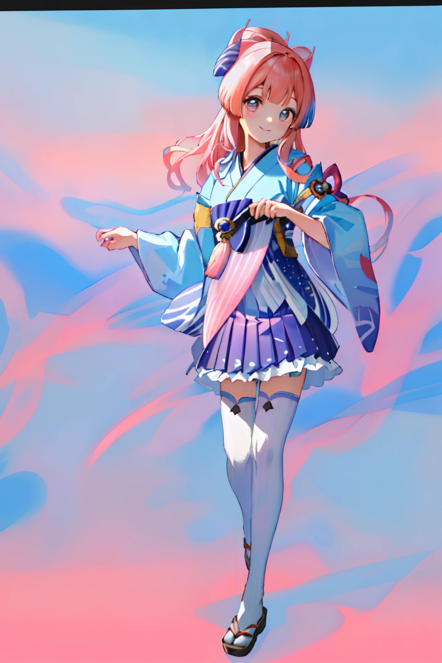 8k,((masterpiece,ultra-detailed, intricate details, mid quality,illustration)),1girl, solo, highres, looking at viewer, Pink hair, long hair,Hair gradually transitions to blue at the tips, smiling, Wearing a kimono,wearing Short skirt,street, cherry tree, petals falling,dancing,sunlight shining through, solar system,feminine, empowered, beautiful, detailed,wide shot,Pink and blue gradient eyes，((Sangonomiya Kokomi))