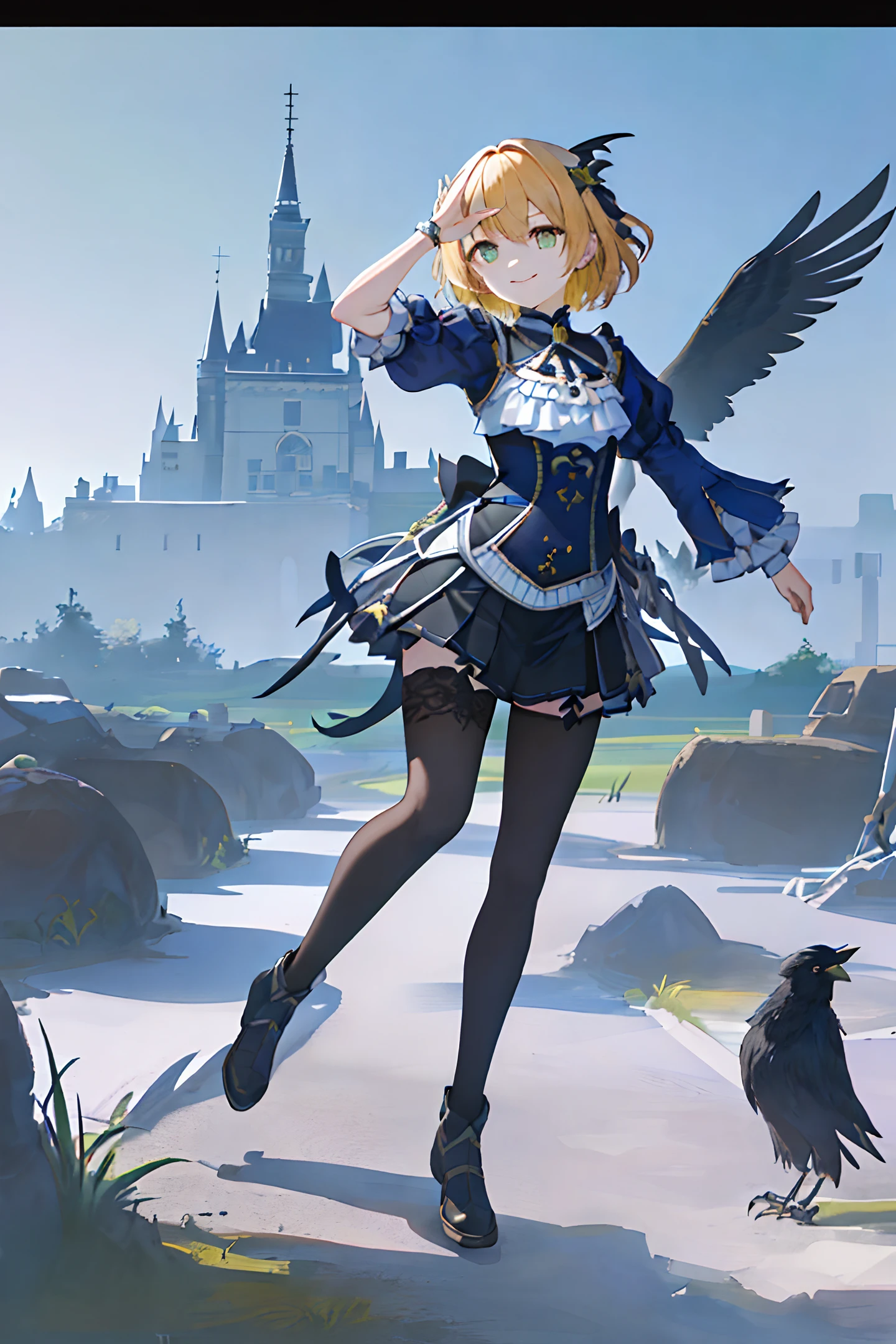 8k,((masterpiece,ultra-detailed, intricate details, mid quality,illustration)),1girl, solo, highres, looking at viewer, Yellow hair, smiling, wearing Short skirt, black stockings, dancing, solar system, feminine, empowered, beautiful, detailed, wide shot, Green eyes, ((Fischl)), ((with her left eye partially covered by her hair)), surrounded by crows,the background is a castle at nighttime,There is a moon in the sky