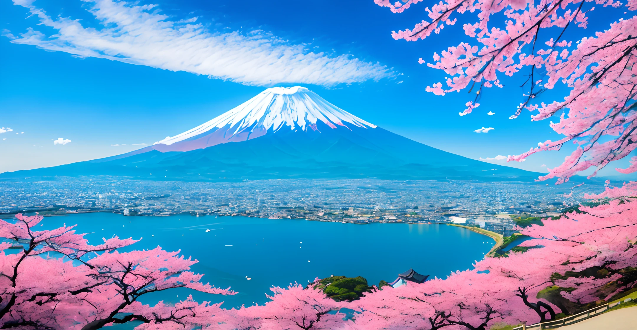 A picturesque view of Mount Fuji, adorned with delicate and lush cherry blossoms, standing tall and proud, untouched by human presence.(summertime, serene atmosphere, picturesque scenery), tranquil beach, (deserted and peaceful setting), clear blue waters, gorgeous coast, (idyllic and serene view).