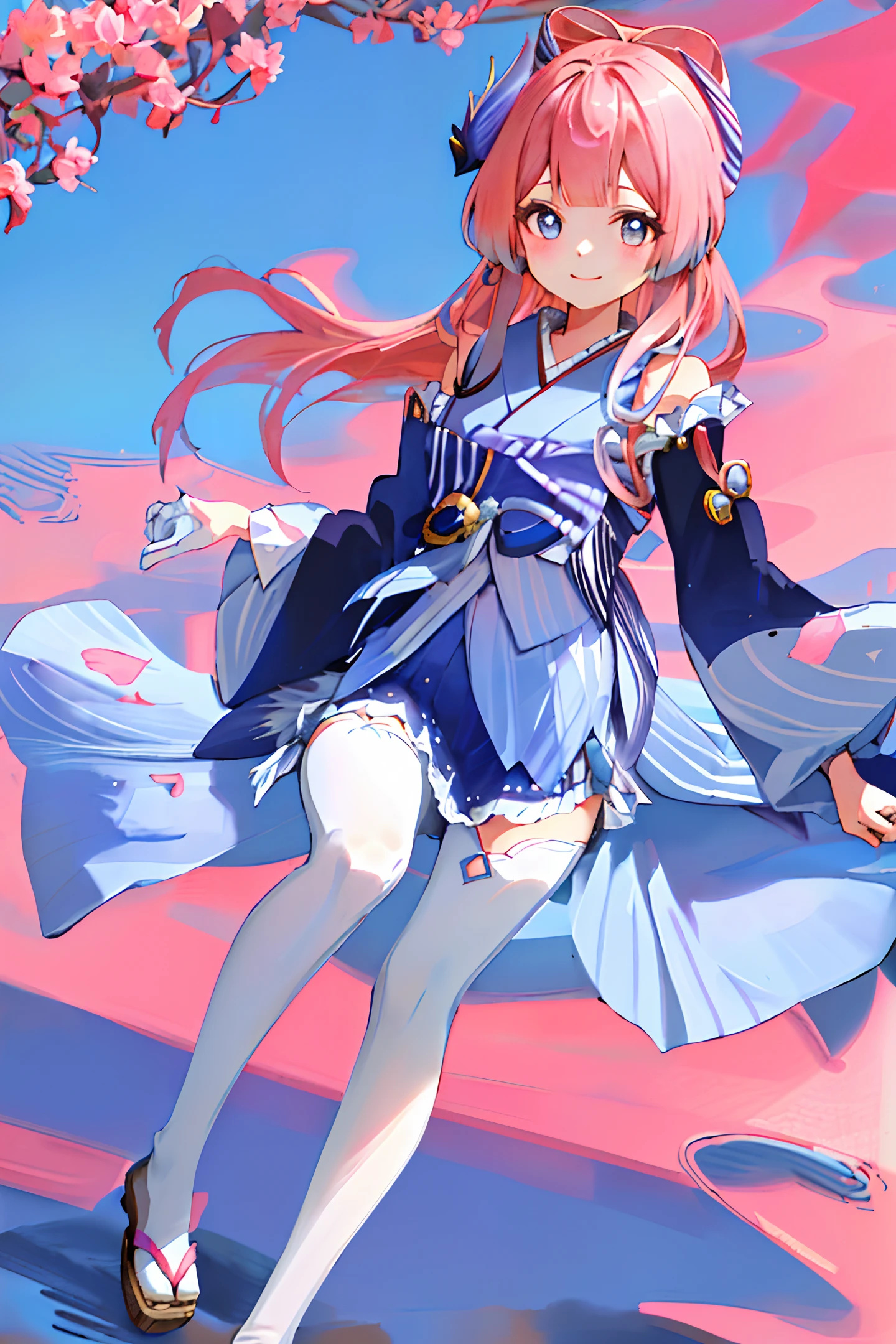 8k,((masterpiece,ultra-detailed, intricate details, mid quality,illustration)),1girl, solo, highres, looking at viewer, Pink hair, long hair,Hair gradually transitions to blue at the tips, smiling, Wearing a kimono,wearing Short skirt,street, cherry tree, petals falling,dancing,sunlight shining through, solar system,feminine, empowered, beautiful, detailed,wide shot,Pink and blue gradient eyes,((Sangonomiya Kokomi))
