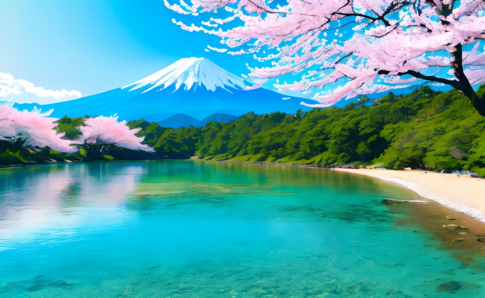 noon,night,ConceptArt, no humans,low saturation, scenery, water, sky, day, tree, cloud, waterfall, outdoors, building, nature, river, blue sky
A picturesque view of Mount Fuji, watercolour,adorned with delicate and lush cherry blossoms, standing tall and proud, untouched by human presence.(summertime, serene atmosphere, picturesque scenery), tranquil beach, (deserted and peaceful setting), clear blue waters, gorgeous coast, (idyllic and serene view).