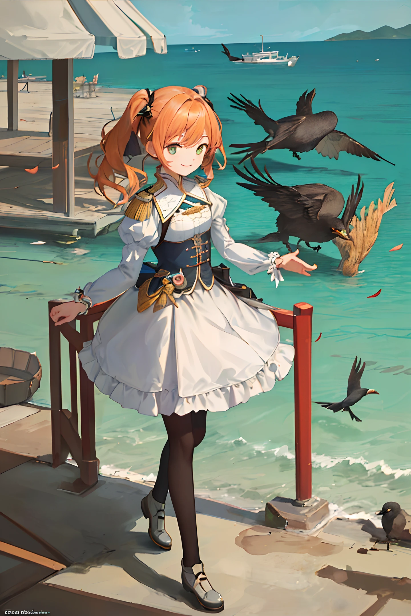 8k,((masterpiece,ultra-detailed, intricate details, mid quality,illustration)),1girl, solo, highres, looking at viewer, Yellow hair, long hair, styled in twin ponytails, smiling, Wearing a dress, black stockings,wearing Short skirt,petals falling,dancing, solar system,feminine, empowered, beautiful, detailed,wide shot,Green eyes,((Fischl von Luftschloss Narfidort)),standing in the seawater with coral reefs around, surrounded by crows.