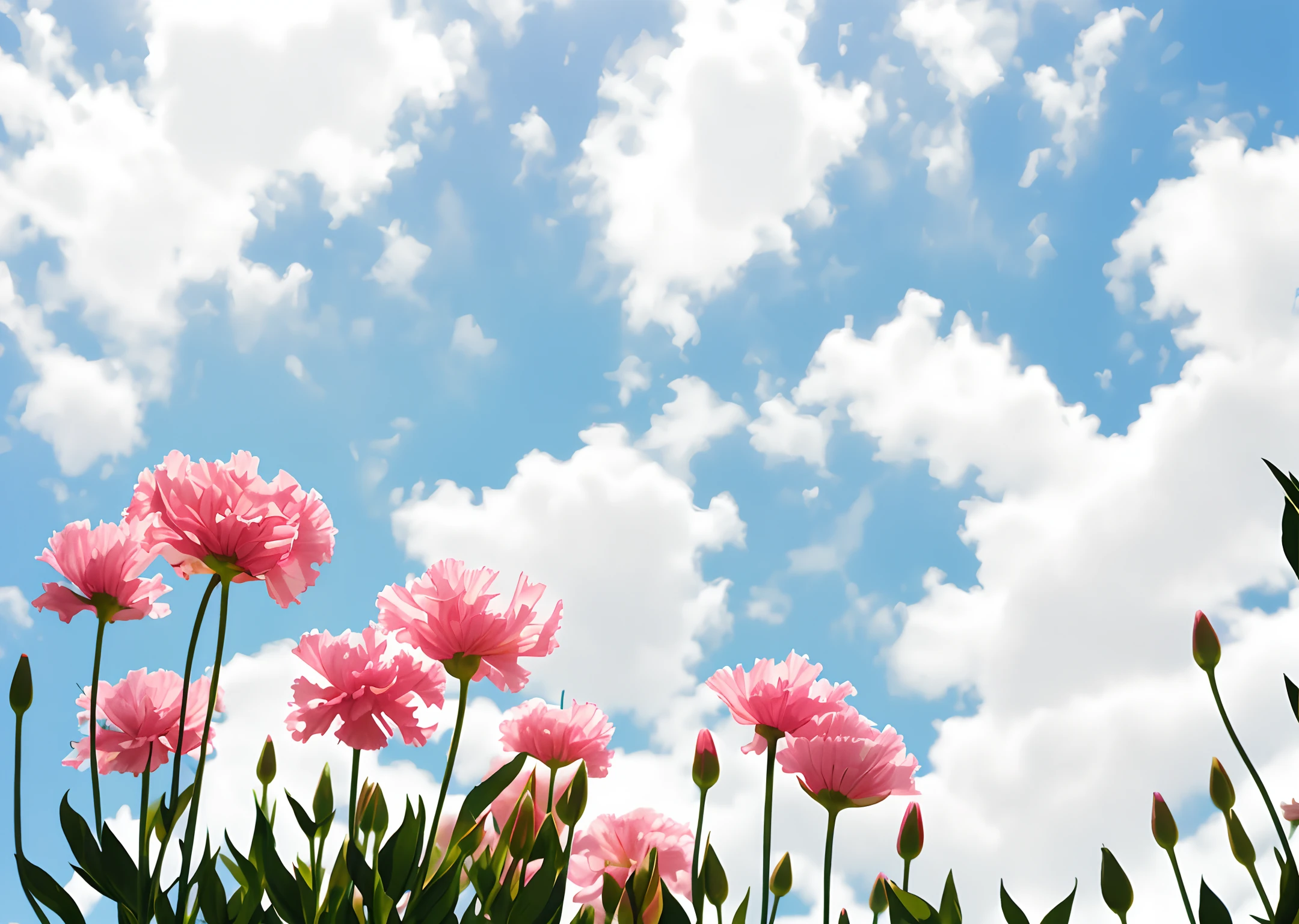 Among the flowers,carnation,big grass,Look up,blue sky,Less sky