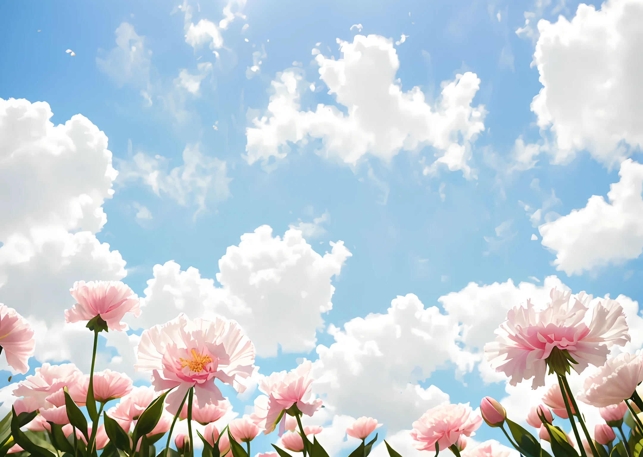 Among the flowers，carnation，big grass,Look up，blue sky，Less sky