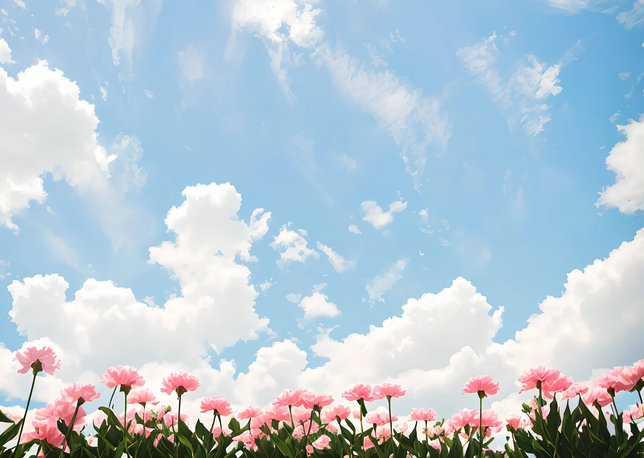 Among the flowers,carnation,big grass,Look up,blue sky,Less sky