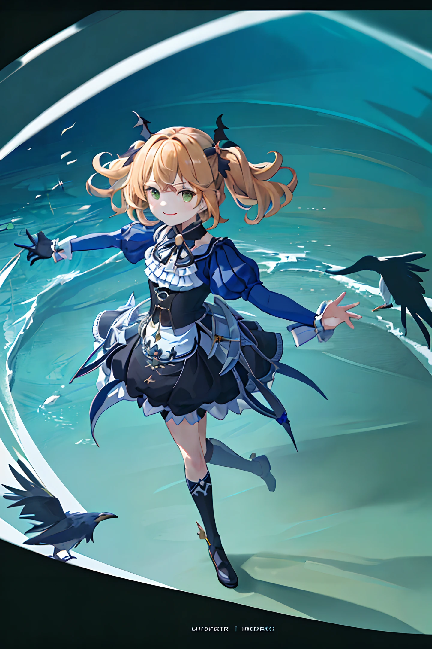 8k,((masterpiece,ultra-detailed, intricate details, mid quality,illustration)),1girl, solo, highres, looking at viewer, Yellow hair, long hair, styled in twin ponytails, smiling, Wearing a dress, black stockings,wearing Short skirt,petals falling,dancing, solar system,feminine, empowered, beautiful, detailed,wide shot,Green eyes,((Fischl von Luftschloss Narfidort)),standing in the seawater with coral reefs around, surrounded by crows.