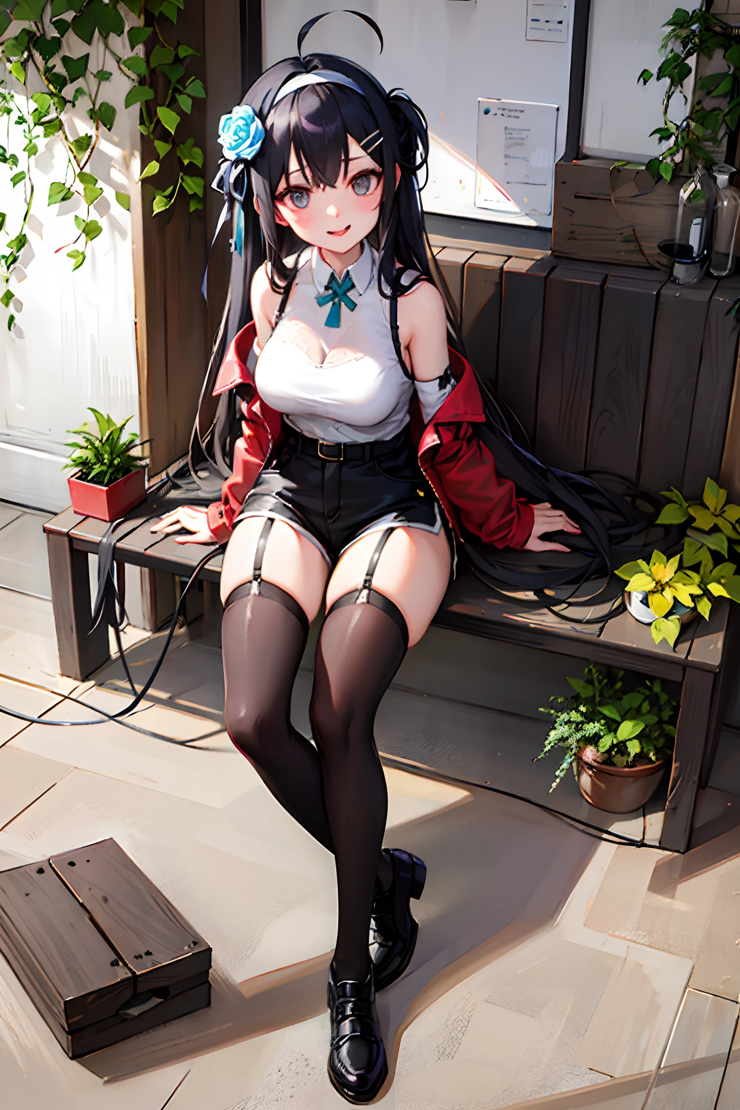 masterpiece, best quality, girl, alternate hair length, absurdly long hair, black hair, ahoge, hair bow, aqua eyes, seductive smile, tongue, black eyes, longeyelashes, large breasts, mole on breast, tank_top, short shorts, black thighhighs, leg belt, shoes , pendant, hair ribbon, flower ribbon, hairband, hairclip, hair_ribbon, hair_flower,