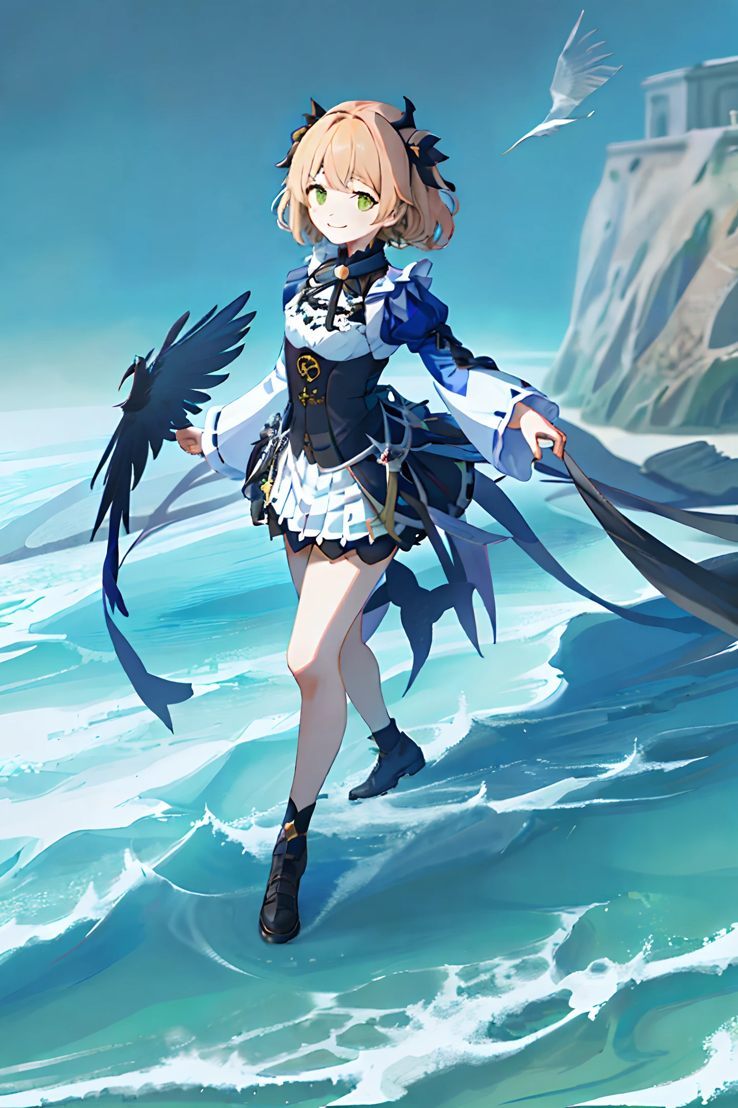 8k,((masterpiece,ultra-detailed, intricate details, mid quality,illustration)),1girl, solo, highres, looking at viewer, Yellow hair, smiling, wearing Short skirt, black stockings, petals falling, dancing, solar system, feminine, empowered, beautiful, detailed, wide shot, Green eyes, ((Sangonomiya Kokomi)), with her left eye partially covered by her hair, standing in the seawater with coral reefs around, surrounded by crows.