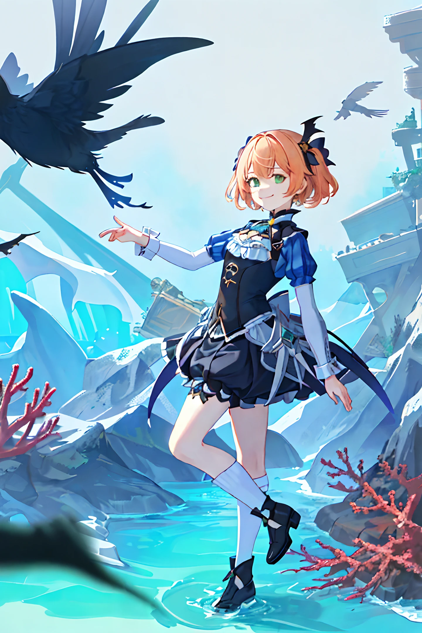 8k,((masterpiece,ultra-detailed, intricate details, mid quality,illustration)),1girl, solo, highres, looking at viewer, Yellow hair,  smiling, wearing Short skirt, black stockings, petals falling, dancing, solar system, feminine, empowered, beautiful, detailed, wide shot, Green eyes, ((Fischl von Luftschloss Narfidort)), with her left eye partially covered by her hair, standing in the seawater with coral reefs around, surrounded by crows.