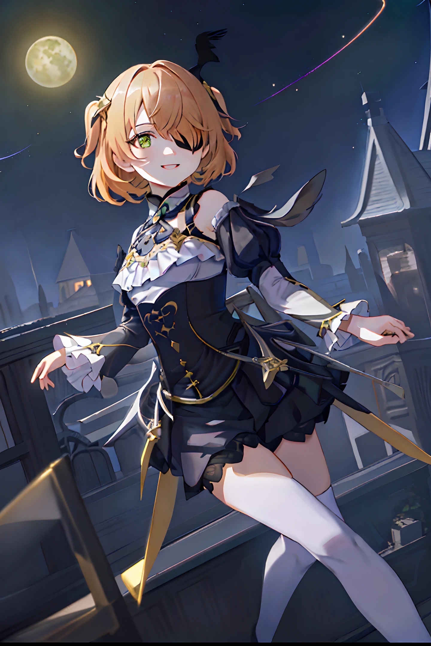 8k,((masterpiece,ultra-detailed, intricate details, mid quality,illustration)),1girl, solo, highres, looking at viewer, long hair,Yellow hair, smiling, wearing Short skirt, black stockings, dancing, solar system, feminine, empowered, beautiful, detailed, wide shot, Green eyes, ((Fischl)), ((with her left eye partially covered by her hair)), surrounded by crows,the background is a castle,There is a moon in the sky,Left eye with a black eyepatch,((night))