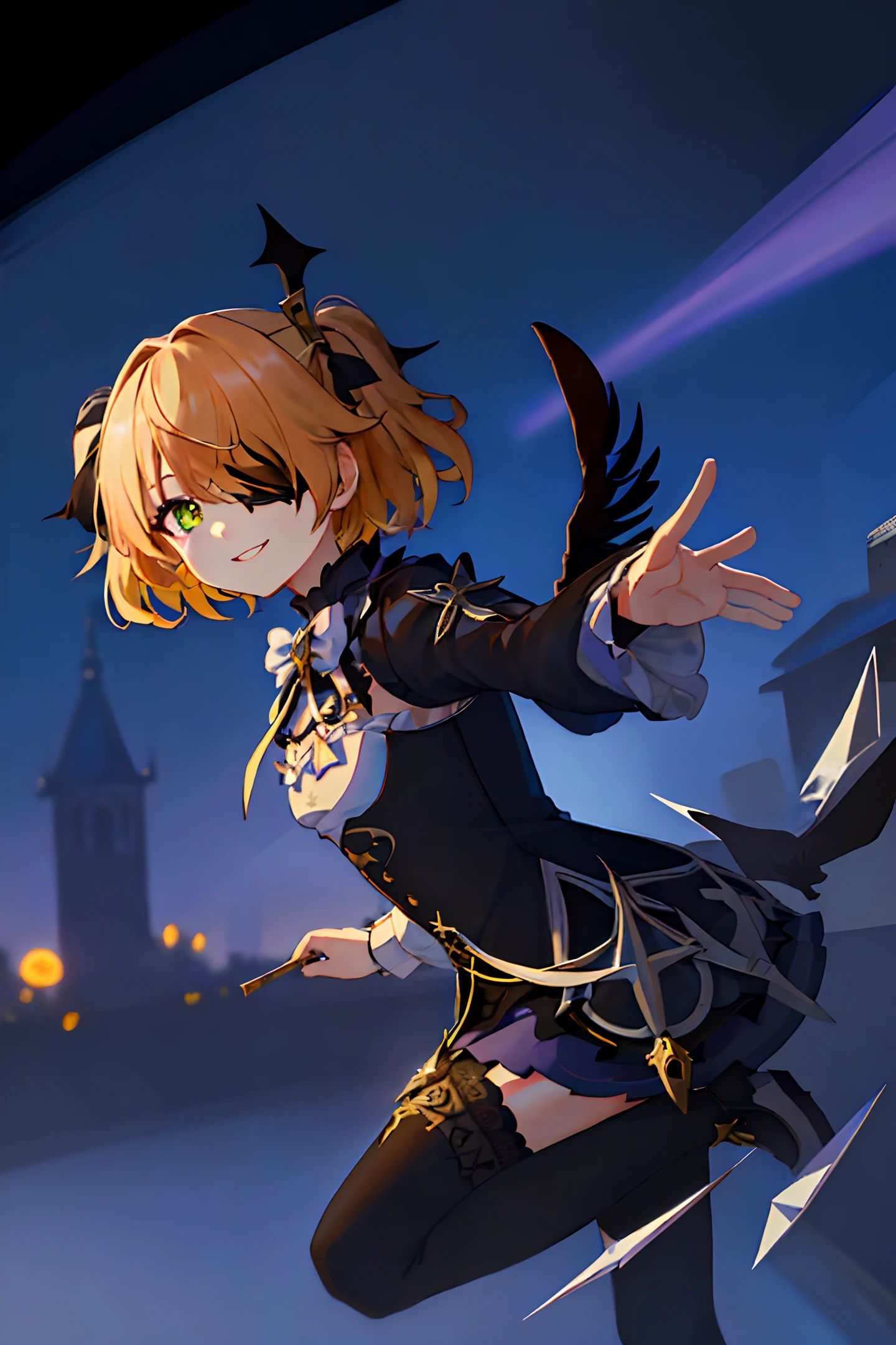 8k,((masterpiece,ultra-detailed, intricate details, mid quality,illustration)),1girl, solo, highres, looking at viewer, Yellow hair, smiling, wearing Short skirt, black stockings, dancing, solar system, feminine, empowered, beautiful, detailed, wide shot, Green eyes, ((Fischl)), ((with her left eye partially covered by her hair)), surrounded by crows,the background is a castle,There is a moon in the sky,Left eye with a black eyepatch,((night))