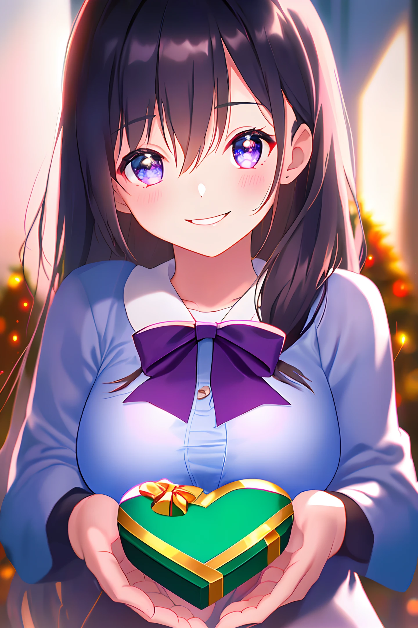 Digital Art, ( Girl, Neck Down, Big Breasts, Holding Gift Box, Heart Shape,), (Ambiguous Solid Color Background), (flushed_cheeks, shy_smile, Complex, Film Lighting, Glowing, Dramatic Lighting, Beautiful Details Glowing)