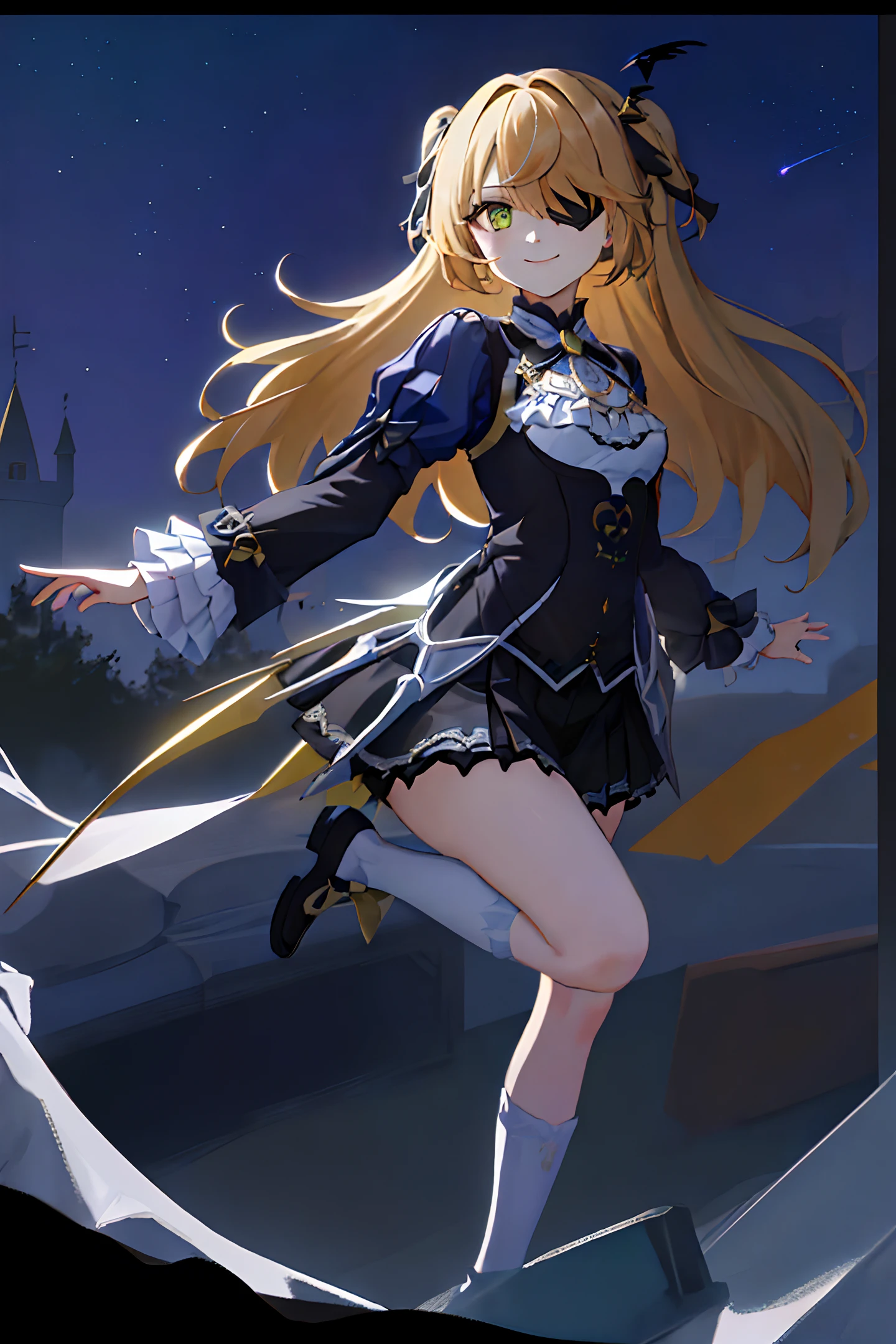 8k,((masterpiece,ultra-detailed, intricate details, mid quality,illustration)),1girl, solo, highres, looking at viewer, long hair,Yellow hair, smiling, wearing Short skirt, black stockings, dancing, solar system, feminine, empowered, beautiful, detailed, wide shot, Green eyes, ((Fischl)), ((with her left eye partially covered by her hair)), surrounded by crows,the background is a castle,There is a moon in the sky,Left eye with a black eyepatch,((night))
