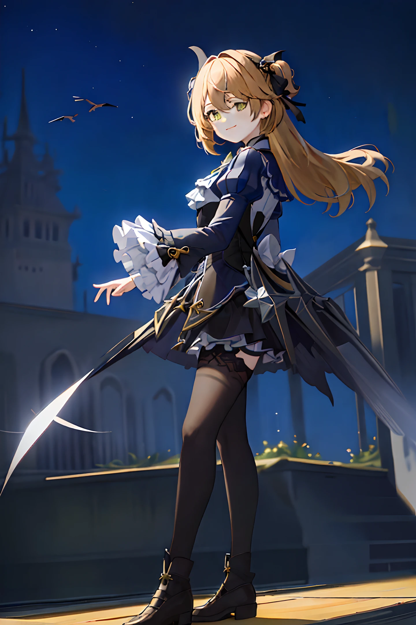 8k,((masterpiece,ultra-detailed, intricate details, mid quality,illustration)),1girl, solo, highres, looking at viewer, long hair,Yellow hair, smiling, wearing Short skirt, black stockings, dancing, solar system, feminine, empowered, beautiful, detailed, wide shot, Green eyes, ((Fischl)), ((with her left eye partially covered by her hair)), surrounded by crows,the background is a castle,There is a moon in the sky,Left eye with a black eyepatch,((night))