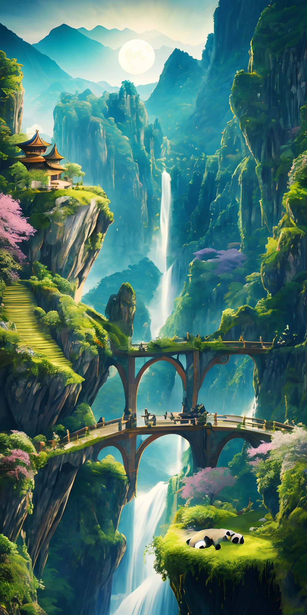 masterpiece, high quality, extremely detailed CG unity 8k wallpaper, scenery, outdoors, bamboo, moon，night， no humans, mountain, landscape,  waterfall, cliff, nature, panda, award winning photography, HDR, bloom, Chromatic Aberration ,Photorealistic,extremely detailed, trending on artstation, trending on CGsociety, Intricate, High Detail, dramatic, art by midjourney