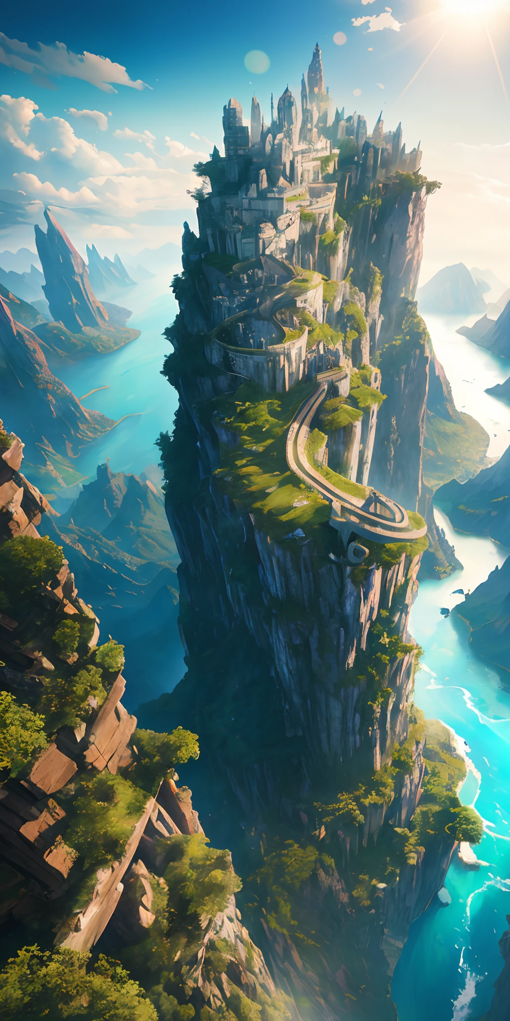 masterpiece, best quality, high quality, extremely detailed CG unity 8k wallpaper, scenery, outdoors, sky, cloud, day, no humans, mountain, landscape, water, tree, blue sky, waterfall, cliff, nature, lake, river, cloudy sky,award winning photography, Bokeh, Depth of Field, HDR, bloom, Chromatic Aberration ,Photorealistic,extremely detailed, trending on artstation, trending on CGsociety, Intricate, High Detail, dramatic, art by midjourney