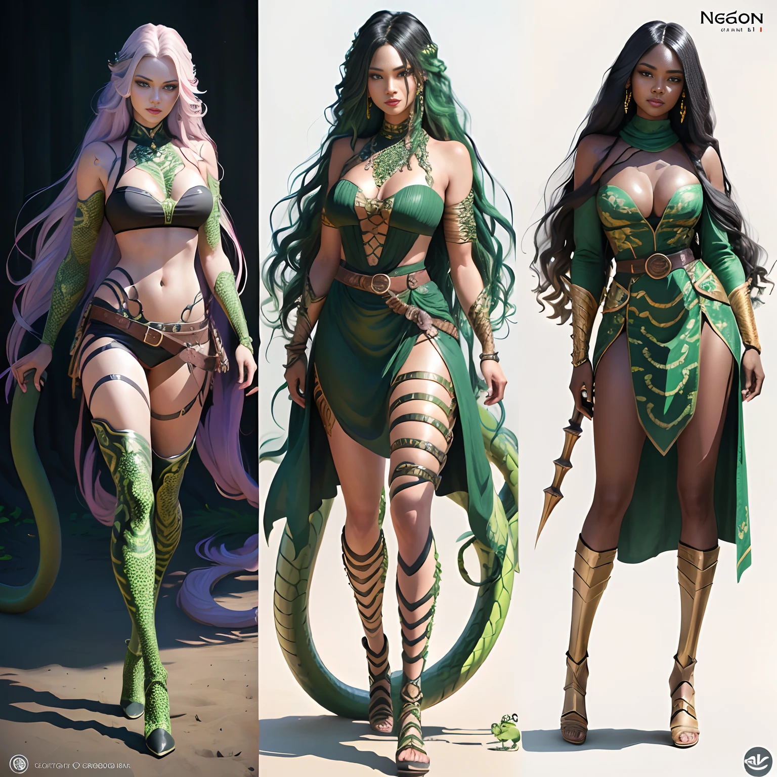 gorgon woman naga "Naga": fictional creature, frog-like humanoid, hair made of snakes, lower body of a snake, full body shot with weapons, tk-char, multiple views of the same character, award winning graphics, grids, Belt, Metal Buckle, Tech Sense, Final Fantasy, Masterpiece, Highly Detailed, 8k, rtx, Unreal Engine, Character Concept Art,