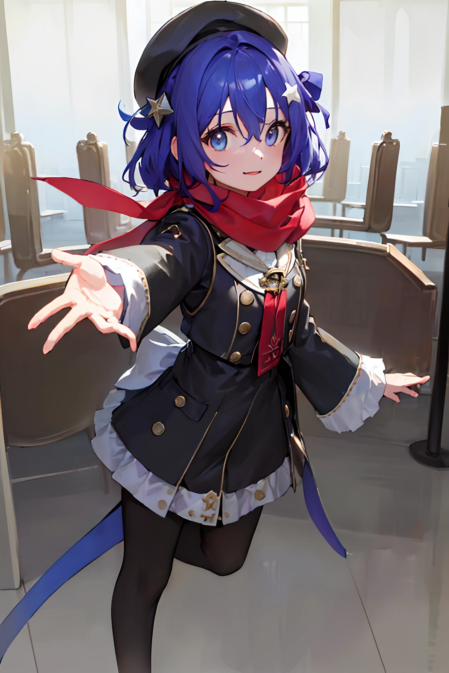 ((masterpiece,best quality)),full body,mid shot,(pov:1.1),
solo,1girl,9A91,small breasts,star hair ornament,blue eyes,red beret, hair between eyes,red headwear,see-through dress,red scarf,
/////////////////////////////////////////
facing viewer,standing,smile,happy,(outstretched hand:1.4),(close mouth:1.6),
/////////////////////////////////////////
looking at viewer,,solo focus,
/////////////////////////////////////////
indoor,rows of chairs,hanging light on tile ceiling,((red carpet)),(in church),
/////////////////////////////////////////
[[:✋:0.5]::0.8],[[:🦵:0.5]::0.8]
/////////////////////////////////////////
windows view/////////////////////////////////////////
(shiny:1.4),(Oil highlights:1.5)[wet with oil:0.3],reflection,