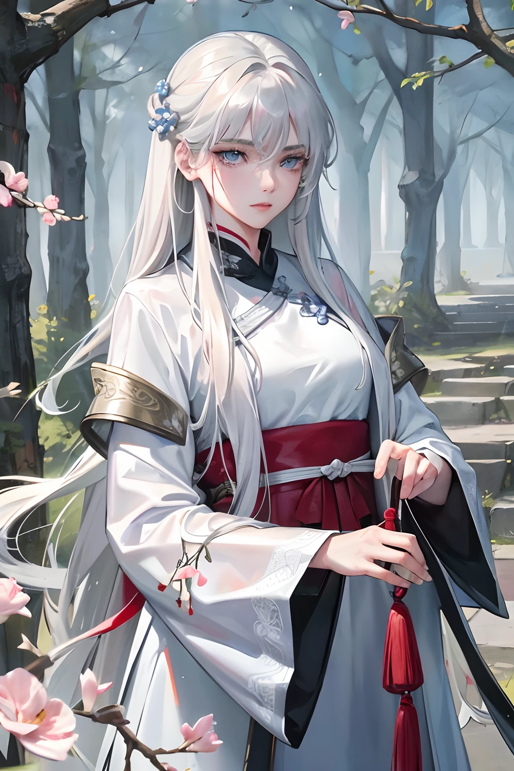 Masterpiece, best quality, night, outdoors, rainy days, branches, Chinese style, ancient China, 1 woman, mature woman, silver white long haired woman, gray blue eyes, light pink lips, indifference, seriousness, bangs, assassins, swords, white clothes, blood, violence, death, injury, bloody, facial bloodstains, extensive bloodstains, facial details, facial details,