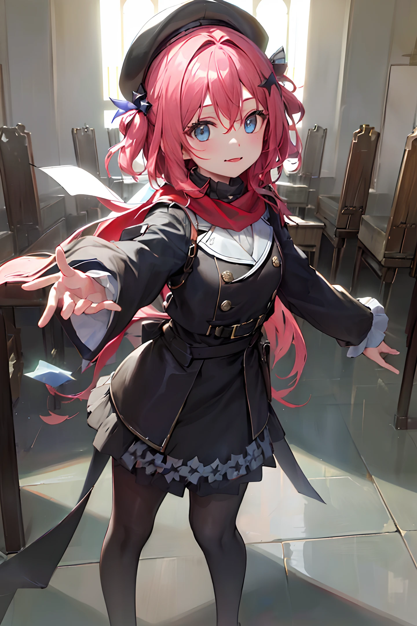 ((masterpiece,best quality)),full body,mid shot,(pov:1.1),
solo,1girl,9A91,small breasts,star hair ornament,blue eyes,red beret, hair between eyes,red headwear,see-through dress,red scarf,
/////////////////////////////////////////
facing viewer,standing,smile,happy,(outstretched hand:1.4),(close mouth:1.6),
/////////////////////////////////////////
looking at viewer,,solo focus,
/////////////////////////////////////////
indoor,rows of chairs,hanging light on tile ceiling,((red carpet)),(in church),
/////////////////////////////////////////
[[:✋:0.5]::0.8],[[:🦵:0.5]::0.8]
/////////////////////////////////////////
windows view/////////////////////////////////////////
(shiny:1.4),(Oil highlights:1.5)[wet with oil:0.3],reflection,