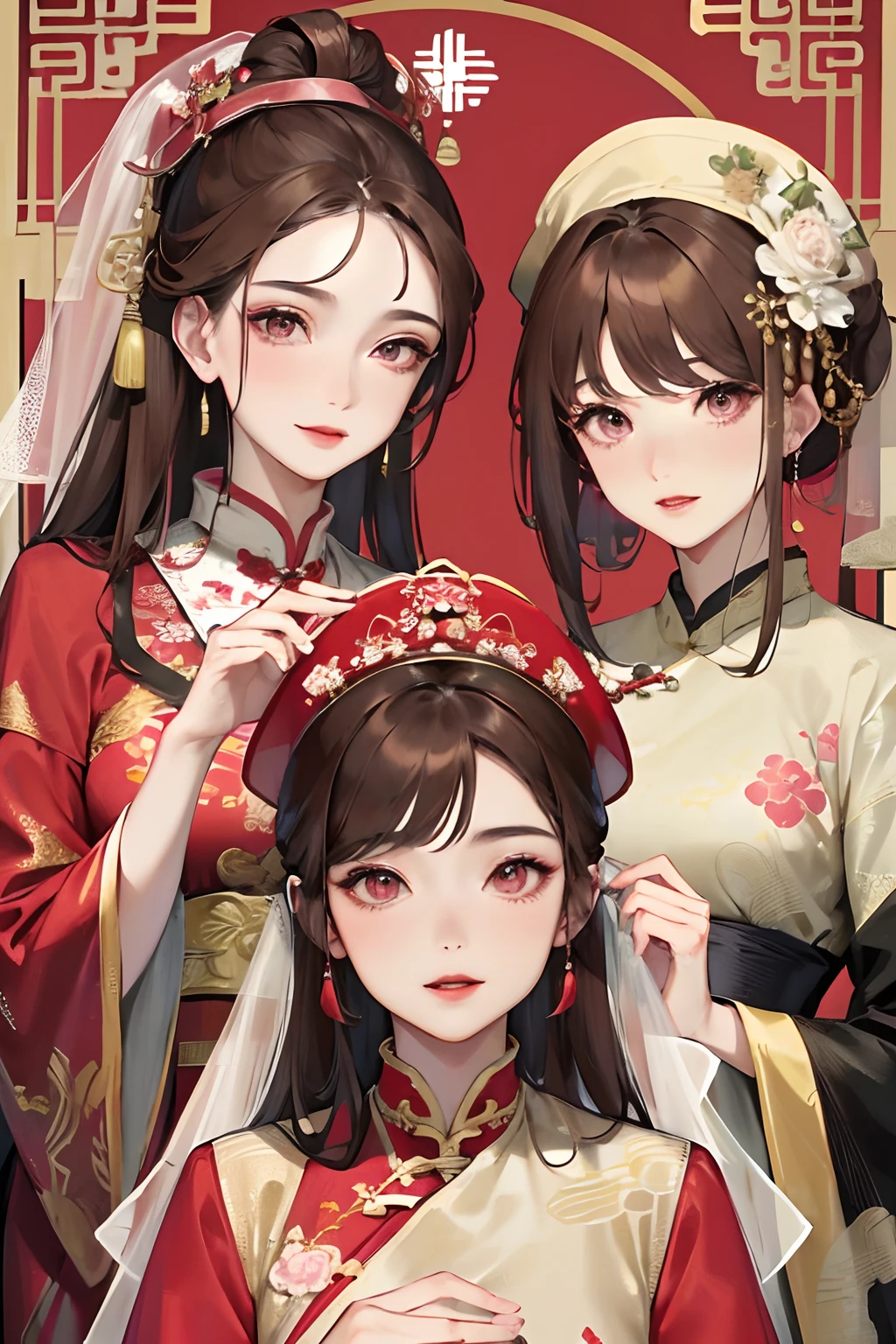 Masterpiece, Best Quality, Celebration, Banquet, 1 Woman, Mature Woman, Elegant, Chinese Style, Ancient China, Sister, Royal Sister, Happy, Ball Head, Light Brown Hair, Pink Eyes, Gorgeous Headwear, Red Lips, Big Red Clothes, Gauze Clothes, Wedding Clothes, Intellectual, Full bangs, Exquisite Face, Updo，Headscarf