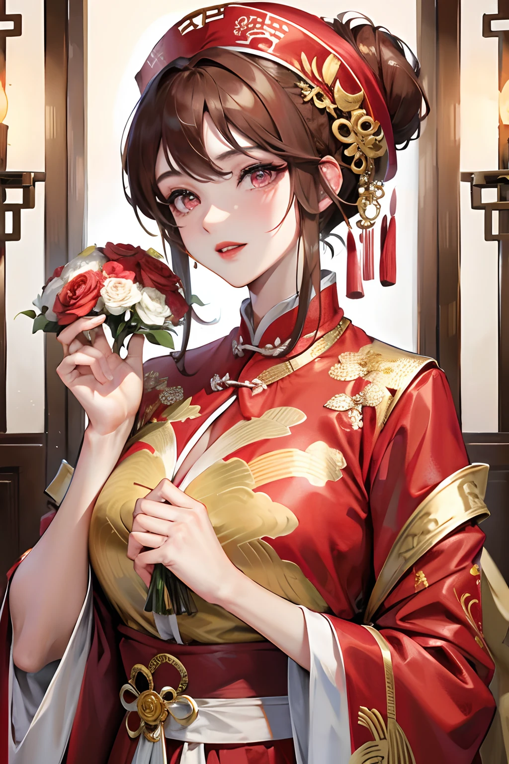 Masterpiece, Best Quality, Celebration, Banquet, 1 Woman, Mature Woman, Elegant, Chinese Style, Ancient China, Sister, Royal Sister, Happy, Ball Head, Light Brown Hair, Pink Eyes, Gorgeous Headwear, Red Lips, Big Red Clothes, Gauze Clothes, Wedding Clothes, Intellectual, Full bangs, Exquisite Face, Updo,red Headscarf,Hand tied bouquet