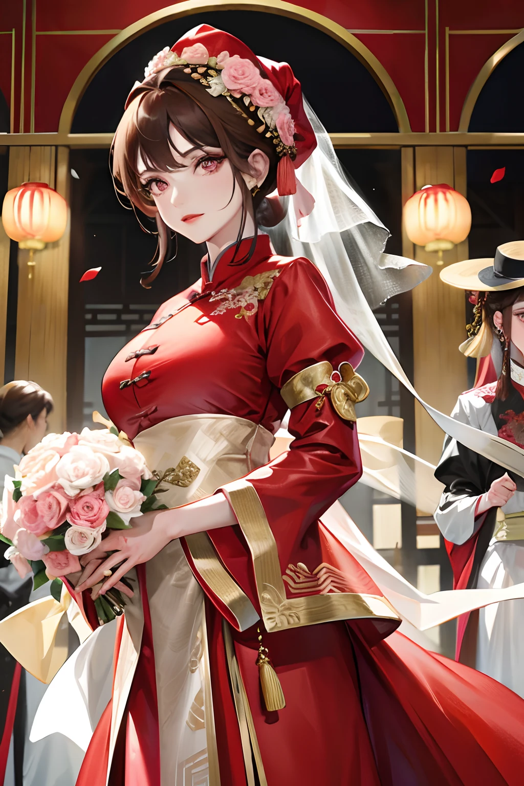Masterpiece, Best Quality, Celebration, Banquet, 1 Woman, Mature Woman, Elegant, Chinese Style, Ancient China, Sister, Royal Sister, Happy, Ball Head, Light Brown Hair, Pink Eyes, Gorgeous Headwear, Red Lips, Big Red Clothes, Gauze Clothes, Wedding Clothes, Intellectual, Full bangs, Exquisite Face, Updo，red Headscarf，Hand tied bouquet