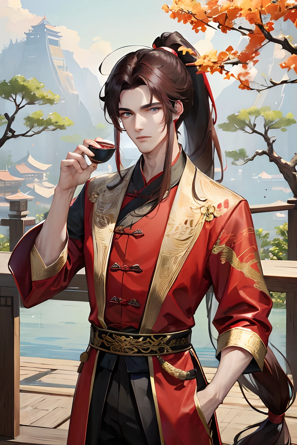 Masterpiece, best quality, banquet, day, 1 person, mature man, Chinese style, ancient China, Chinese palace, red clothes, dark brown hair, blue eyes, split hair, long hair, long bangs, high ponytail, handsome, masculine, gentle, unicorn pattern, tree branches