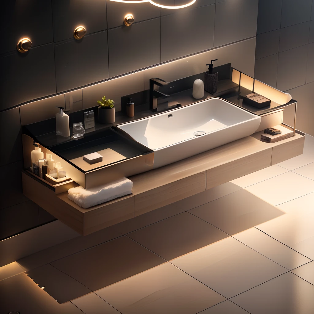 masterpiece, best quality, (extremely detailed CG unity 8k wallpaper), (best quality), (best illustration), (best shadow), The product is a Pendant, shelves full of toiletries, the need for a bathroom background, isometric 3D, octane render,ray tracing,ultra detailed
