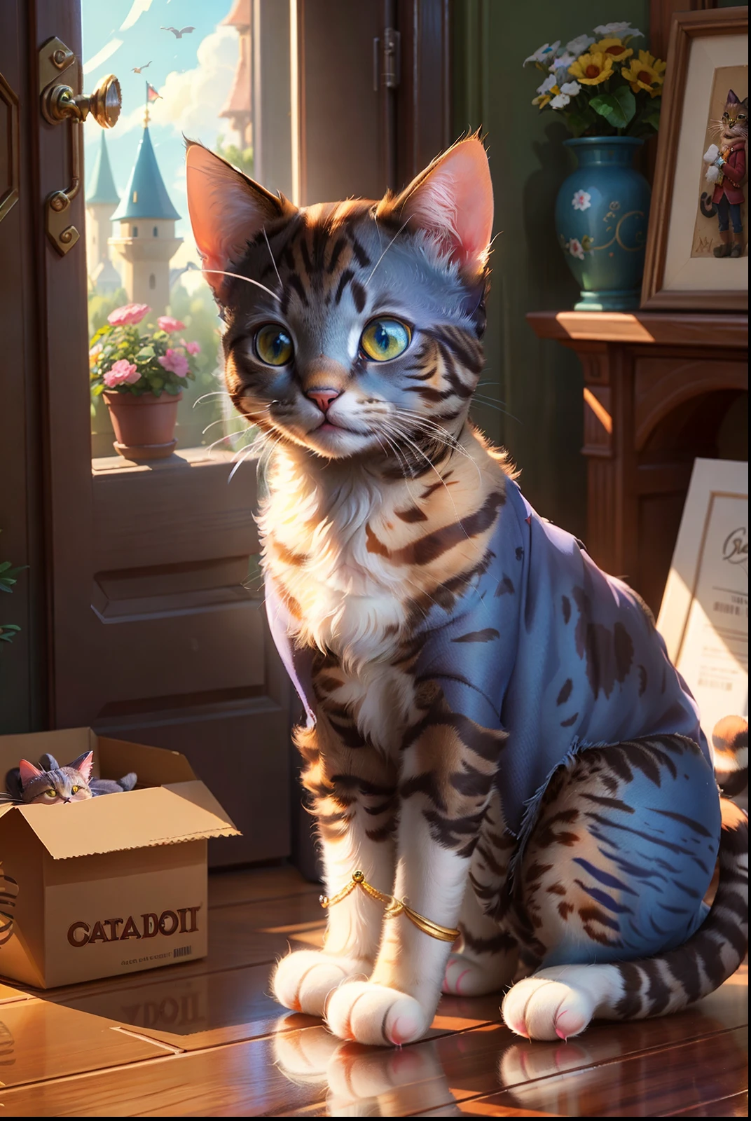 super detailed, extremely detailed, masterpiece, highest quality, best quality, sub surface scattering, (1cat:1.5), (solo:1.4), (cat plush:1.1), (45 degree side view:1.2),Fine fur, fluffy paws, a pair of cat ears, blue cat eyes,Cardboard box full of toys, a teddy bear outside the box, some toys scattered on the ground,Game art, Disney, DreamWorks, animated films, realism, real light and shadow, rich colors, bright and light atmosphere,
