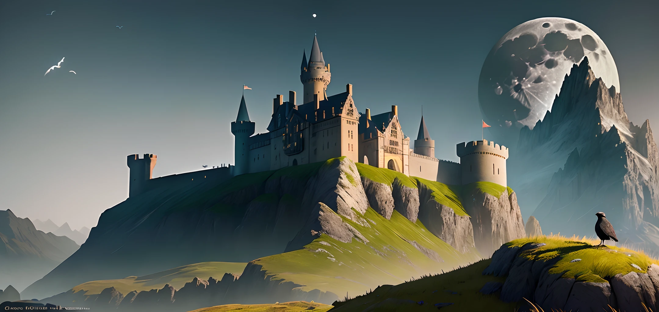 castle，moon，Mountain，plain grass，crow，8k uhd, perfect composition, beautiful detailed, intricate, octane render, trending on artstation, artistic, photorealistic, concept art, greg rutkowski, cinematic lighting, Hyperrealism, 8k uhd, depth of field, photography