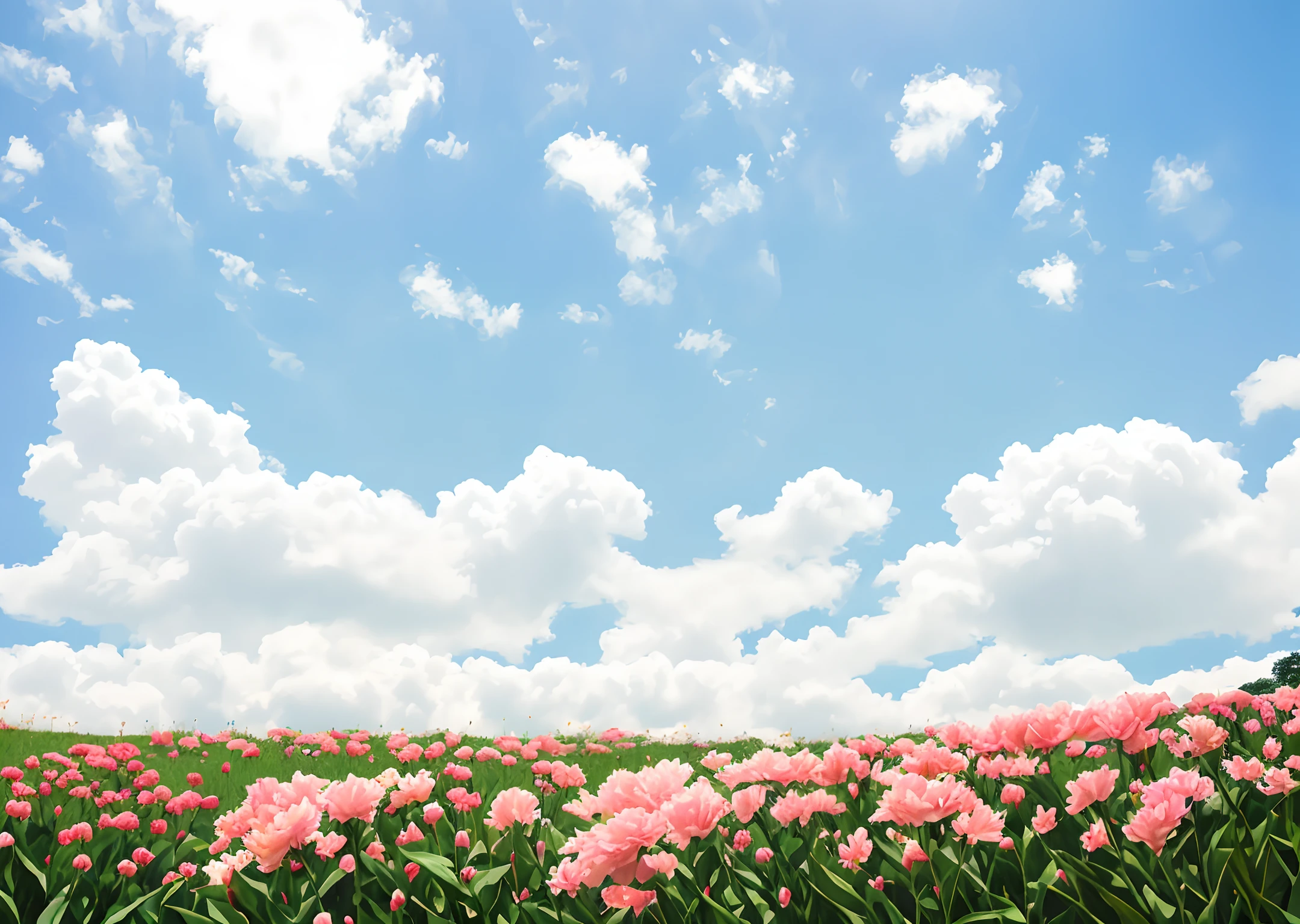Among the flowers,carnation,more,big grass,blue sky,Less sky
