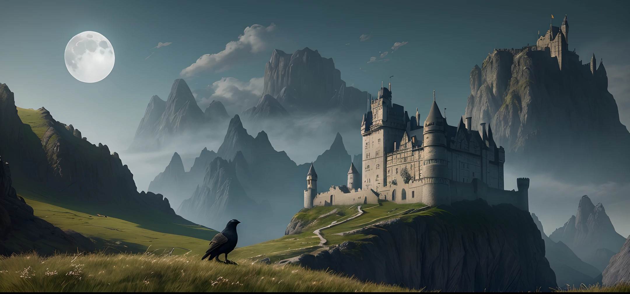castle，moon，Mountain，plain grass，crow，8k uhd, perfect composition, beautiful detailed, intricate, octane render, trending on artstation, artistic, photorealistic, concept art, greg rutkowski, cinematic lighting, Hyperrealism, 8k uhd, depth of field, photography， beautiful, establishing shot, hyperrealistic, unreal engine 5