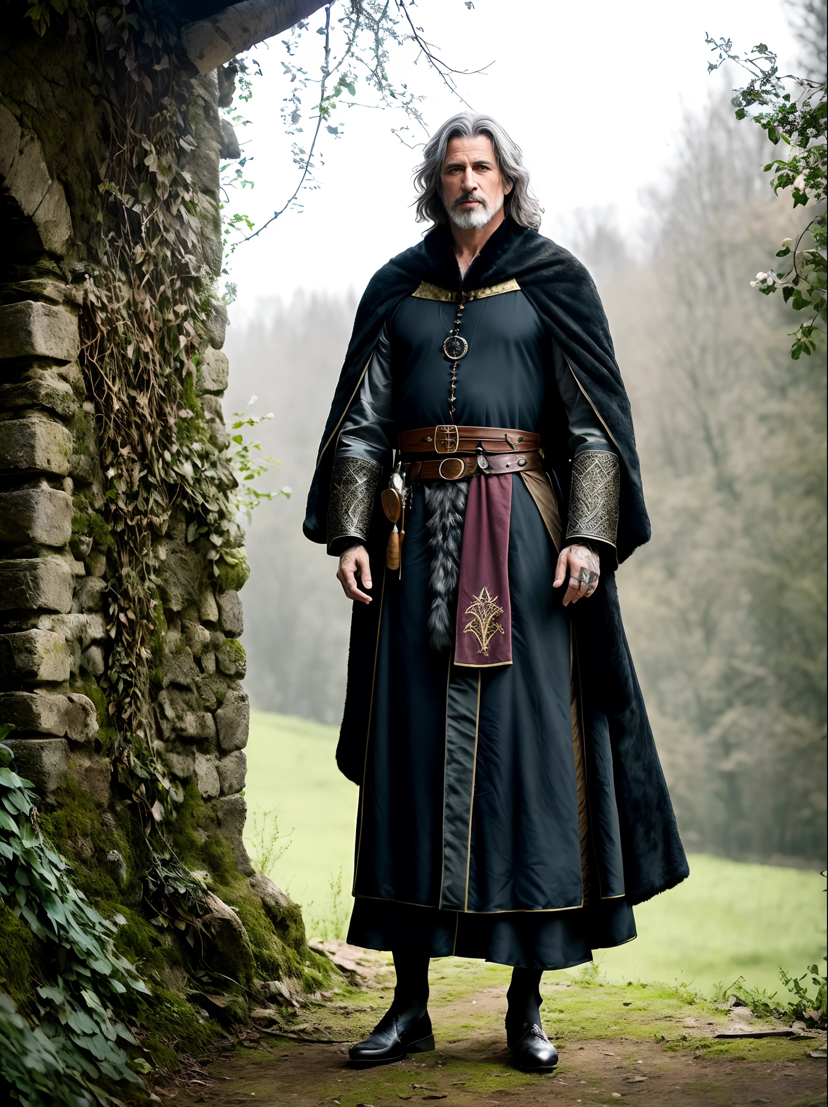 animal，modelshoot style, (extremely detailed CG unity 8k wallpaper),  Middle ages, druid，human，male，middle-aged，Tattered clothes，black silk robe,  nature magic, medieval era, , countryside, action pose, casting a spell，