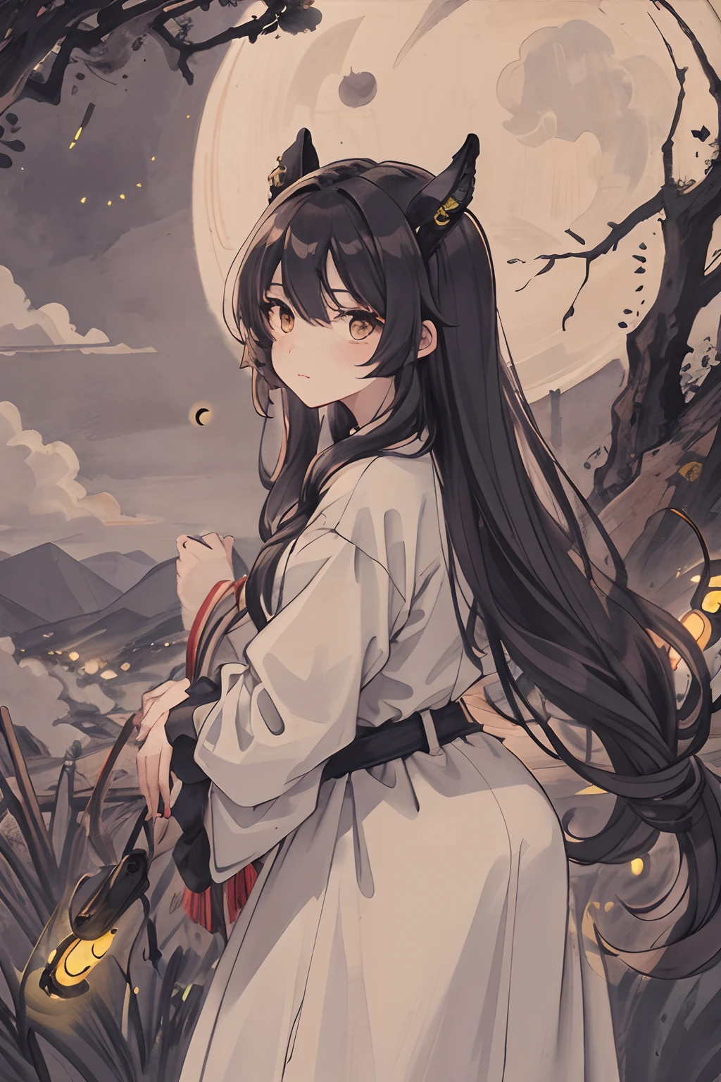 masterpiece, best quality, night, hill, clouds, full moon, long hair, woman, silhouette, fireflies.