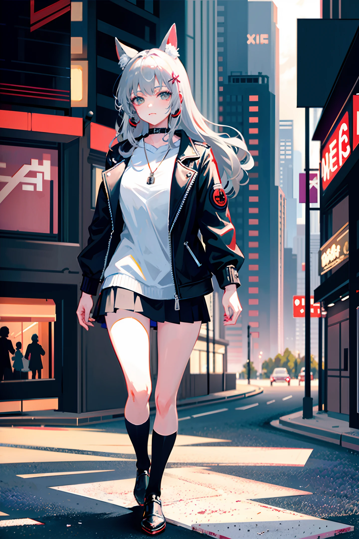 detailed,8k, detailed shadow, minato_yukina, 1girl, city, cyberpunk city ,Omertosa, long hair, grey hair, open jacket,serious beauty,leather jacket, animal ears,nipple, jewelry , (masterpiece,best quality)  