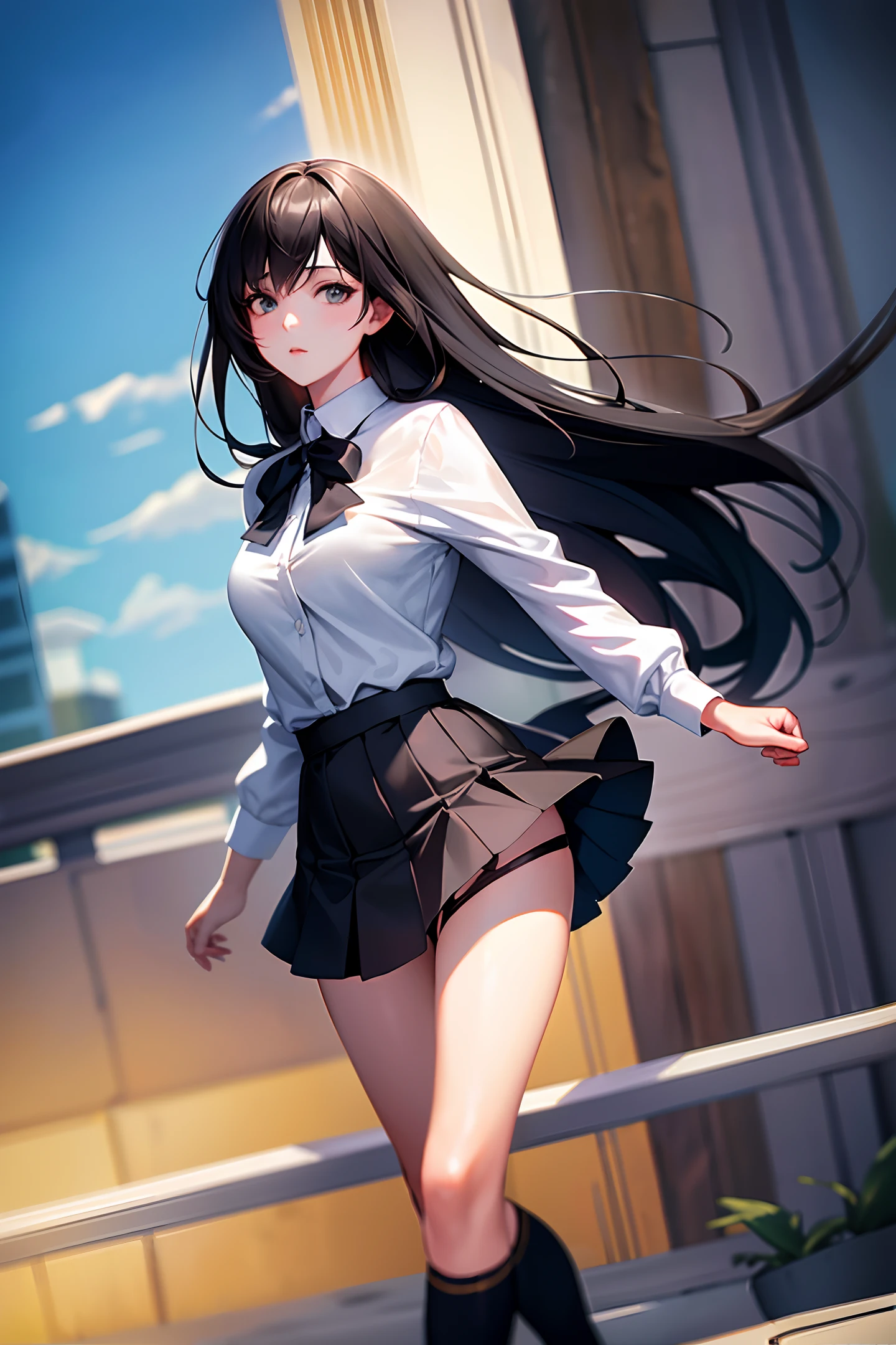 ((masterpiece, best_quality)), 1girl, (photorealistic:1.4), solo, white_background,reality black_hair, long_hair, zettai_ryouiki, skirt, ((full_body)),