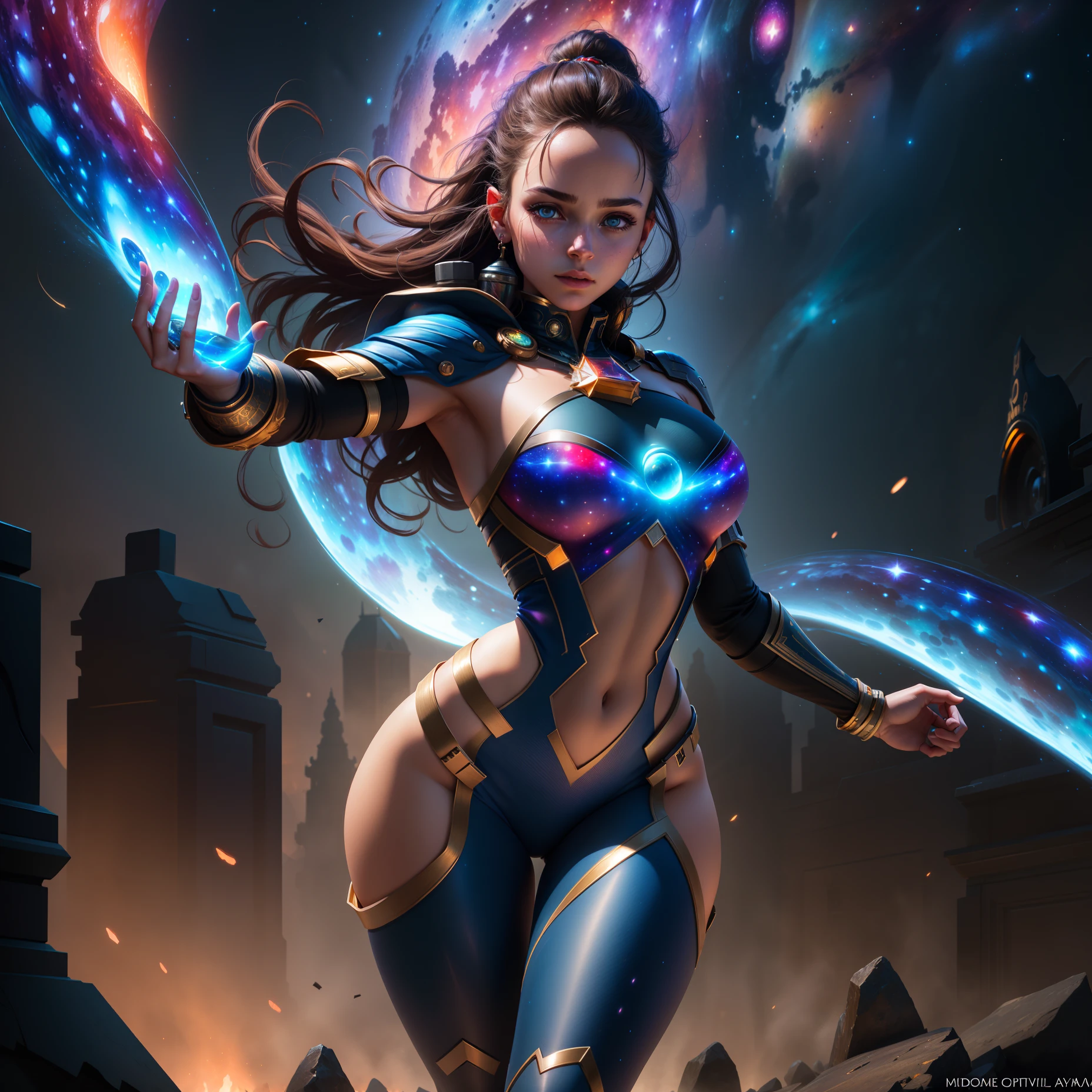 Highly detailed RAW color Photo, beautiful young girl, dynamic pose, (wide hips), (detailed skin), (detailed lips), (detailed eyes), (cosmic:1.4), (necropolis:1.1), (Sci-Fi setting) (detailed face), (curvy), detailed eyes, chromatic aberration, depth of field, soft lighting, masterpiece, best quality, intricate, (lens flare:0.7), (bloom:0.7), particle effects, raytracing, tone mapped, highly detailed, concept art, smooth, sharp focus, dramatic lighting, highly detailed artwork, cinematic, hyper realistic painting, trending on Artstation, 8K, incredible shadows, realistic, (highly detailed background:1.2), art by midjourney