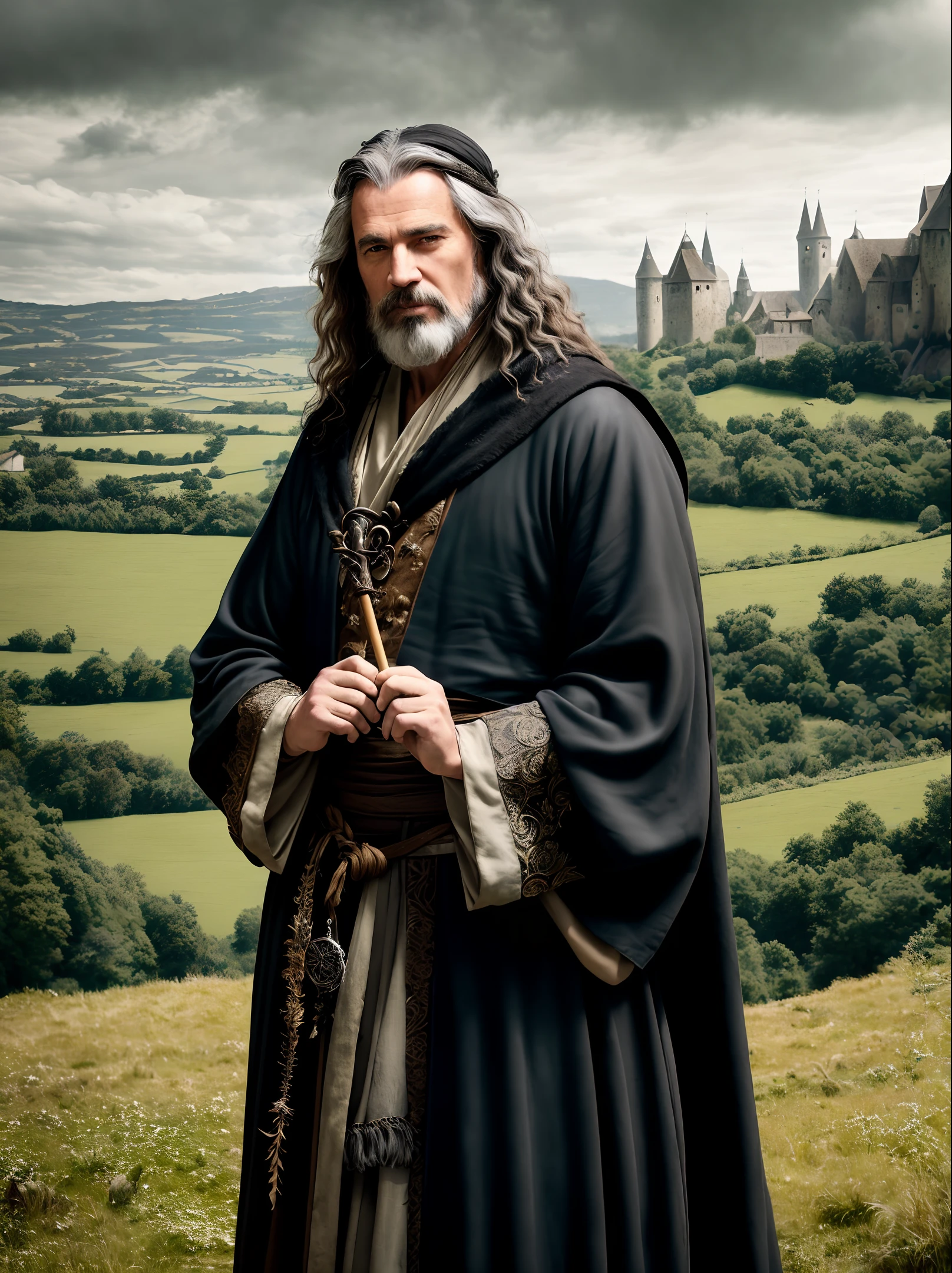 animal,modelshoot style, (extremely detailed CG unity 8k wallpaper), Middle ages, druid,human,male,middle-aged,Tattered clothes,black silk robe, nature magic, medieval era, , countryside, action pose, casting a spell,