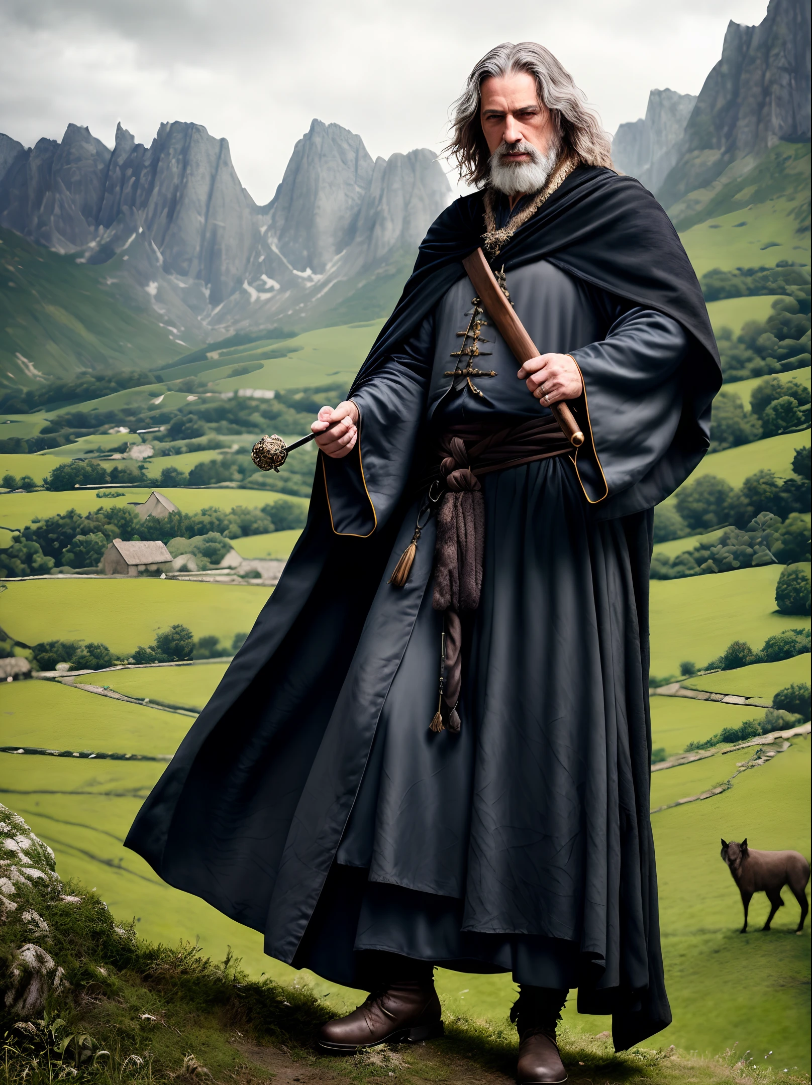 animal,modelshoot style, (extremely detailed CG unity 8k wallpaper), Middle ages, druid,human,male,middle-aged,Tattered clothes,black silk robe, nature magic, medieval era, , countryside, action pose, casting a spell,