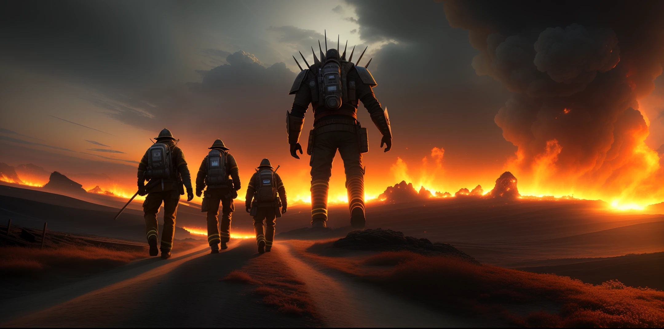 (apocalypse with a big planet in the sky:1.1), (2 guys walking:1.1), lava and fire,( a big monsters in the sky:1.1), hdr, intricate details, hdr, photorealistic, full hd, good render, ultradetailed, (all city in fire:1.2), detailed background, mutants, monster, cinematic lights, epic shades, epic moments, much of color lights, fire, intricate details, detailed background, insane details, hyperdetailed 24mm, (4k textures, hdr, cinematic dramatic light:1.2),